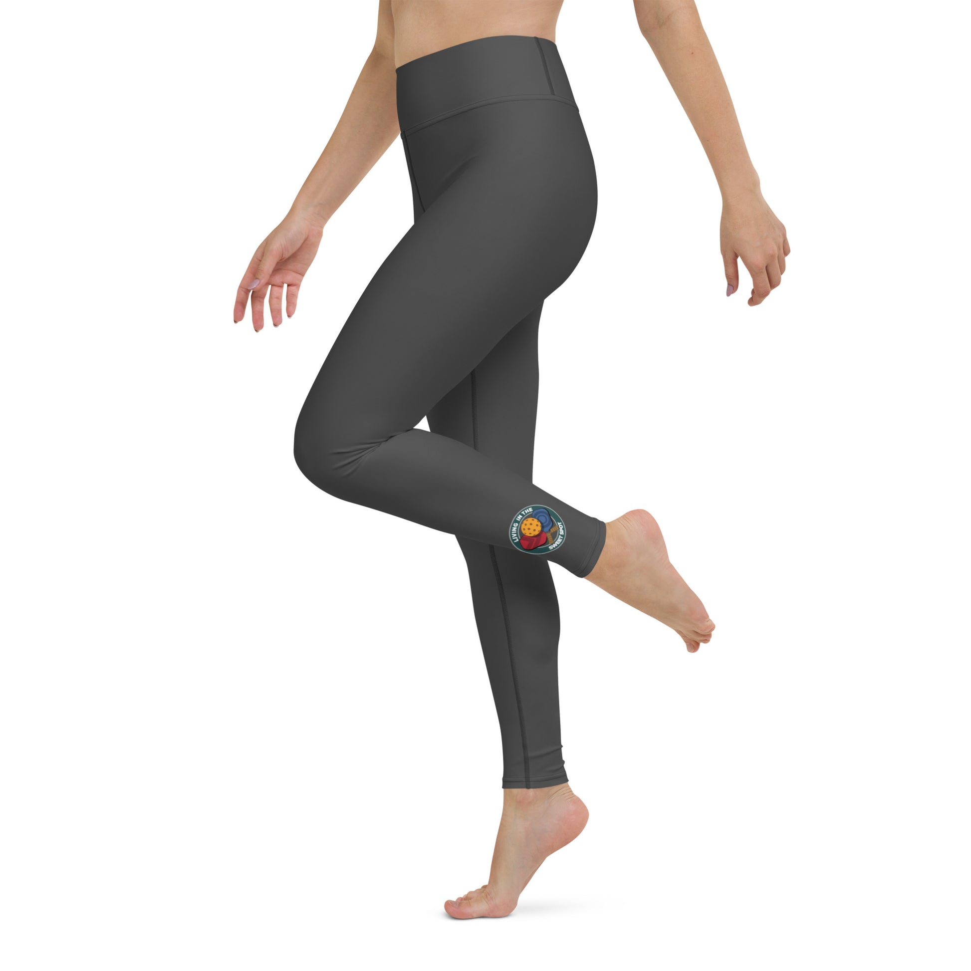 Pickleball Leggings - "Living in the Sweet Spot" emblem - Gunmetal Blk - DocDink.com