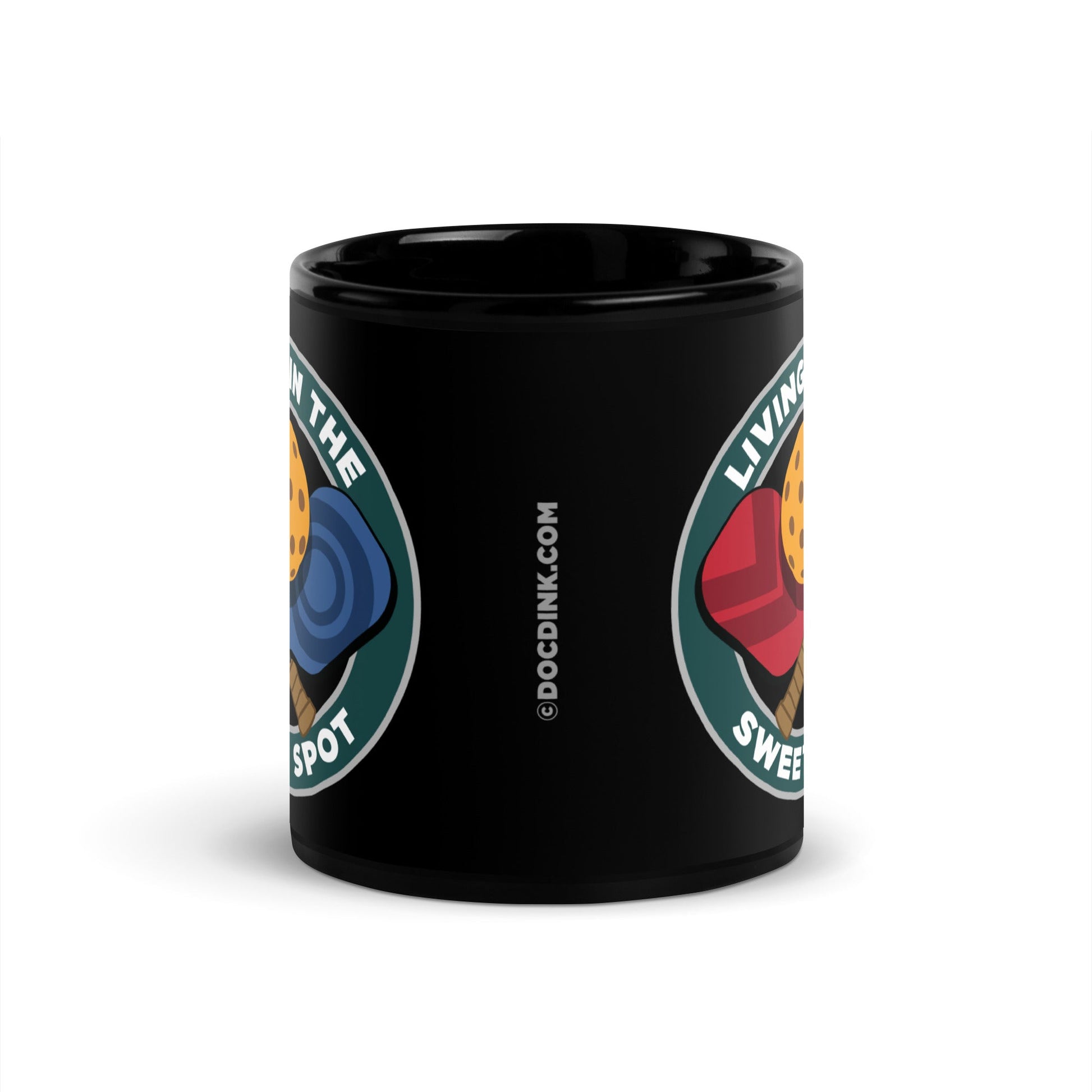 Black Pickleball Mug - Living in the Sweet Spot emblem - DocDink.com