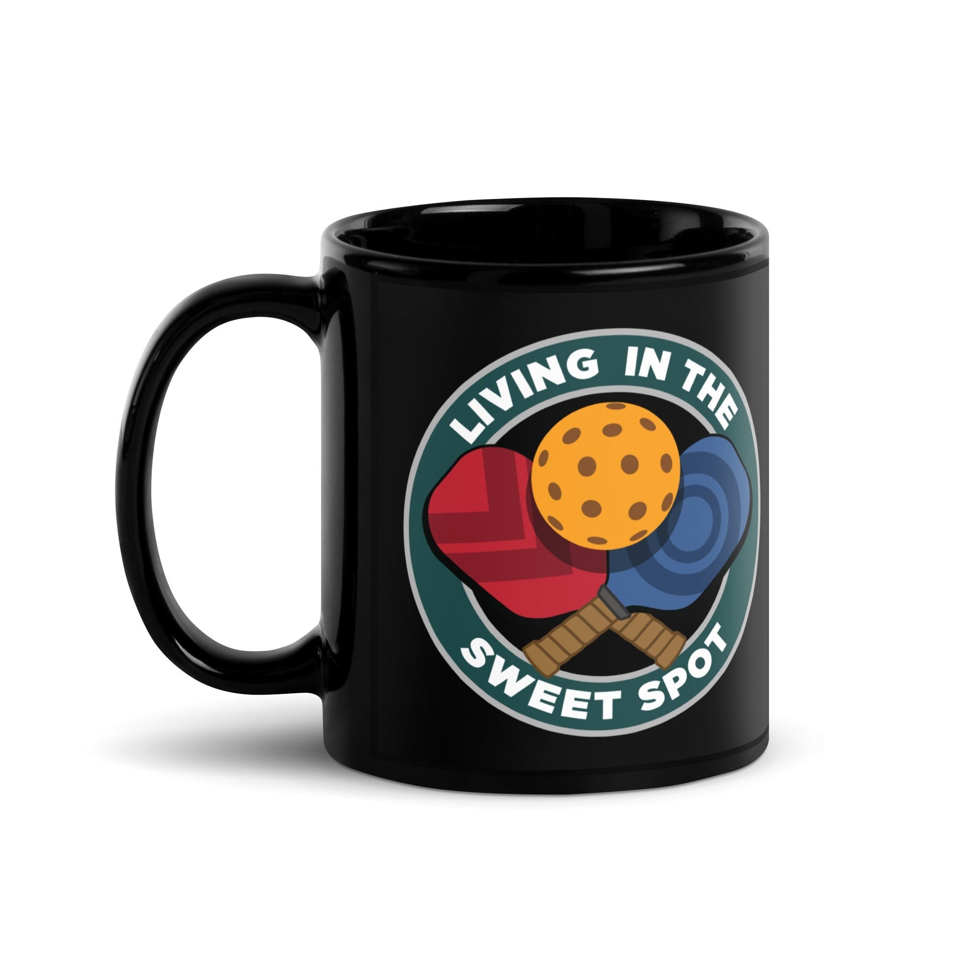 Black Pickleball Mug - Living in the Sweet Spot emblem - DocDink.com