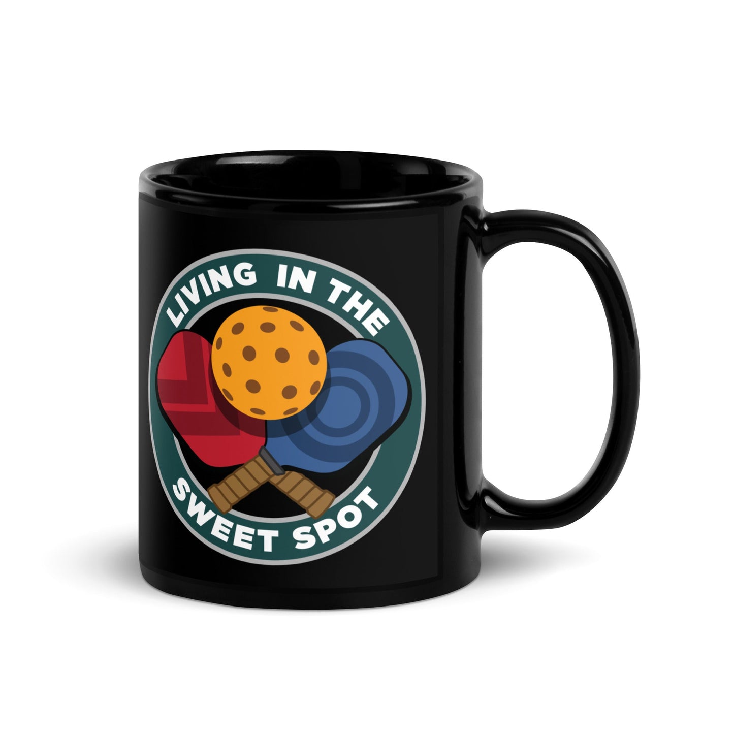 Black Pickleball Mug - Living in the Sweet Spot emblem - DocDink.com