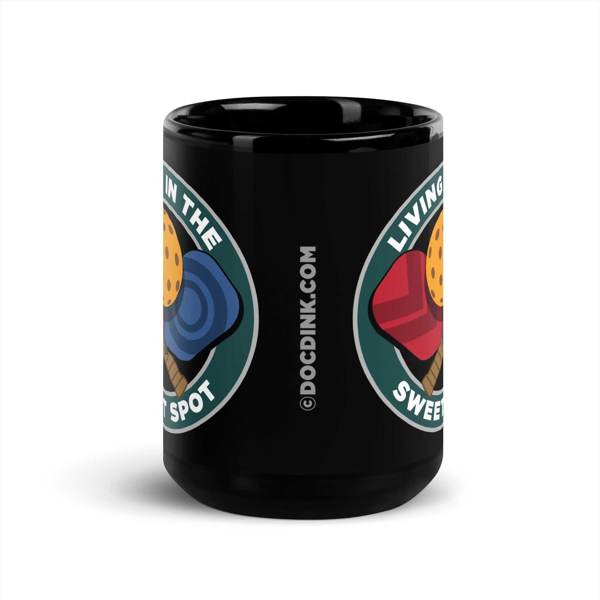 Black Pickleball Mug - Living in the Sweet Spot emblem - DocDink.com