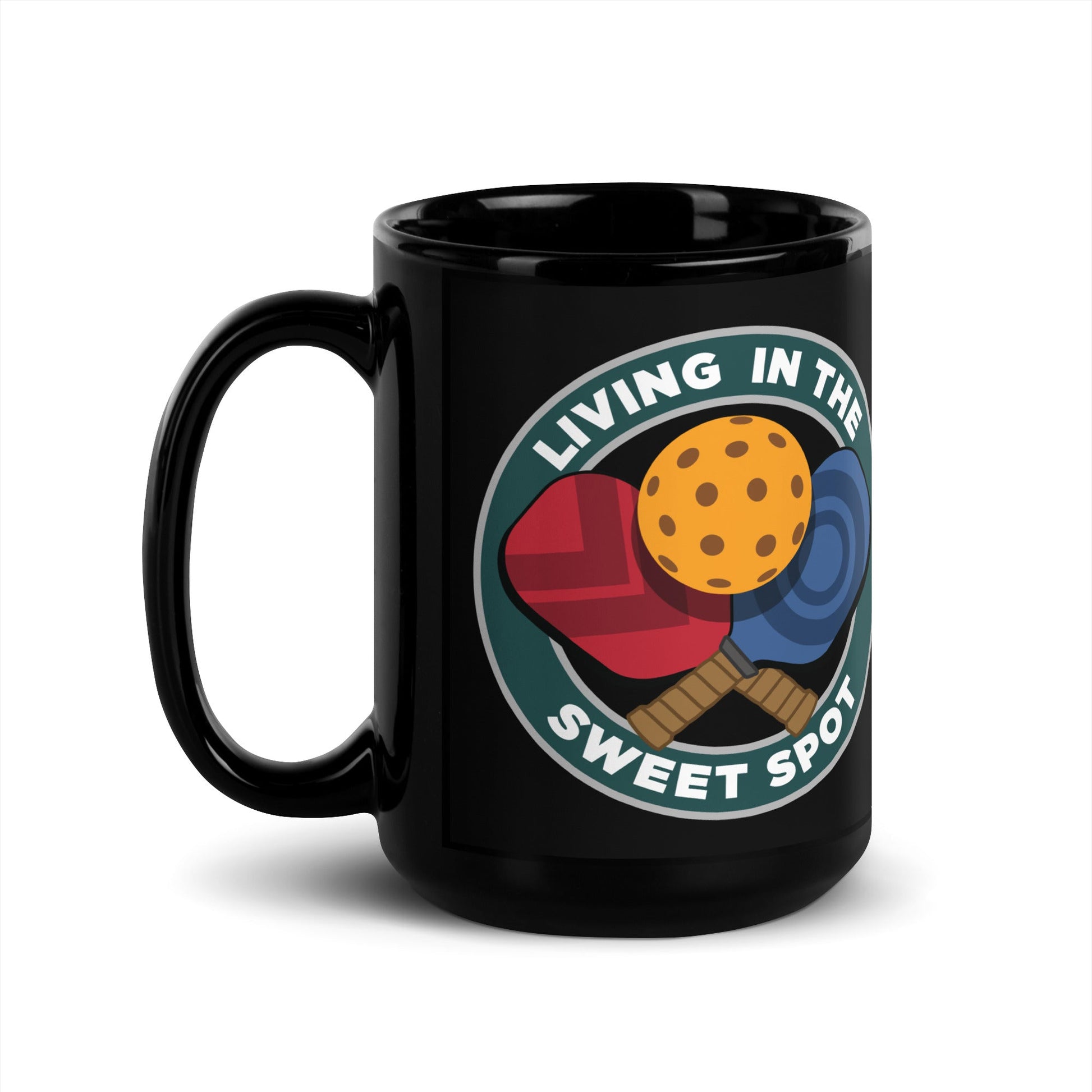 Black Pickleball Mug - Living in the Sweet Spot emblem - DocDink.com