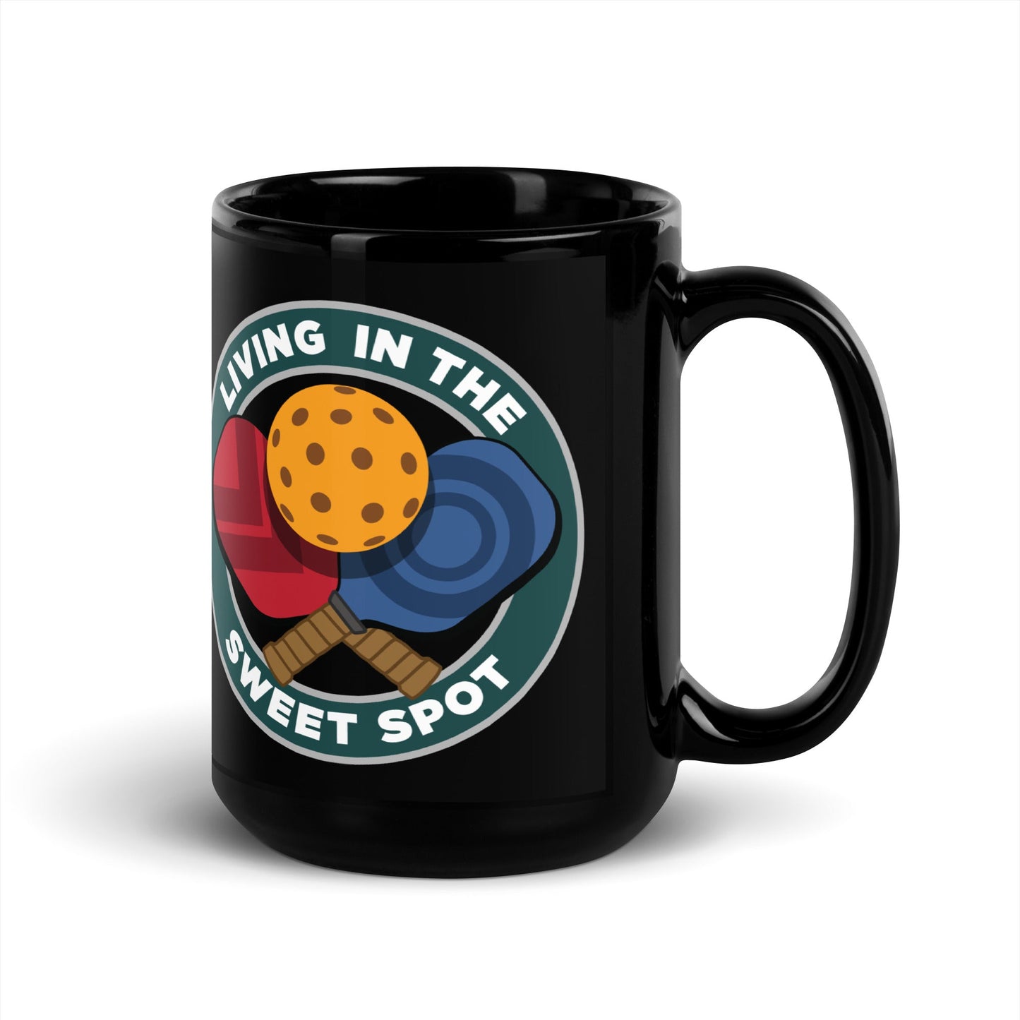 Black Pickleball Mug - Living in the Sweet Spot emblem - DocDink.com