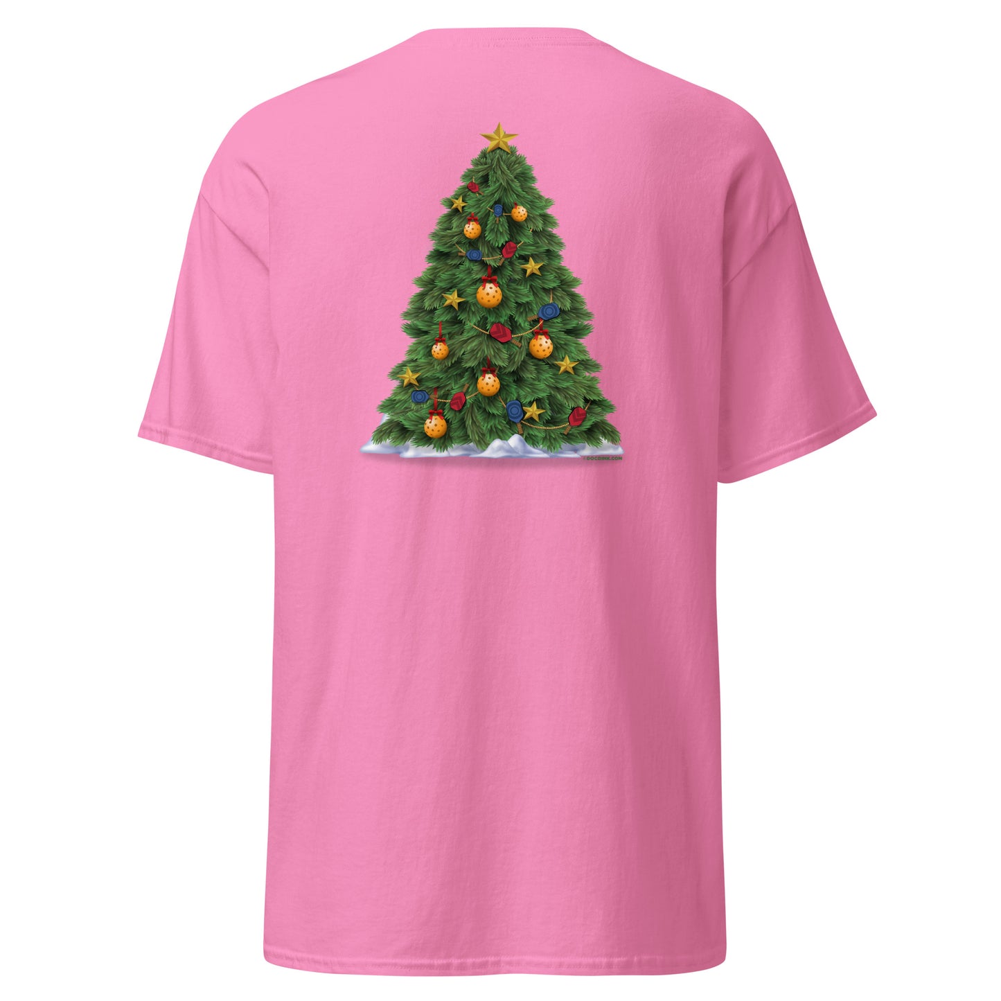 100% Cotton Pickleball T-Shirt - Snowy Pickleball (pocket) + A Pickleball Christmas (back) - DocDink.com