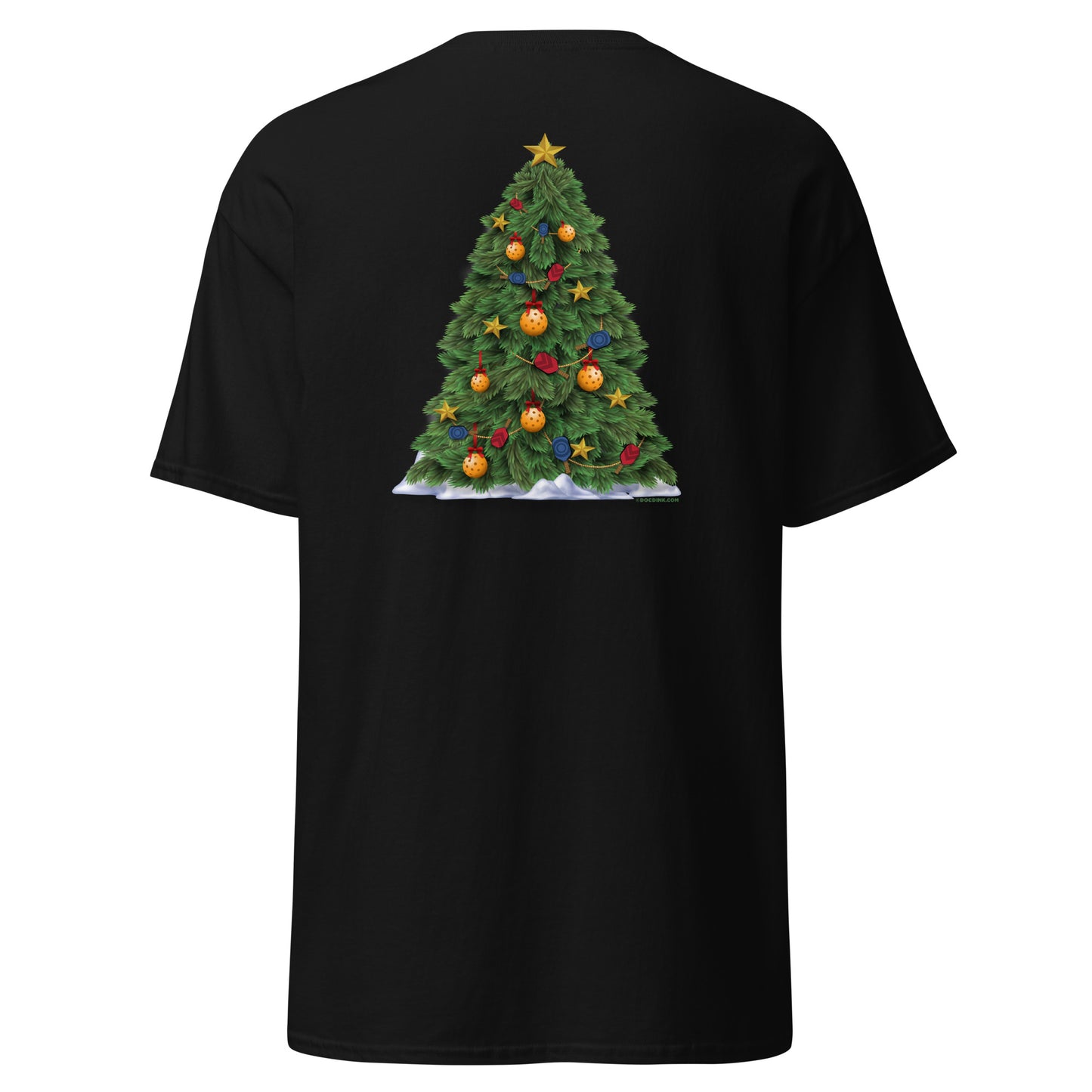 100% Cotton Pickleball T-Shirt - Snowy Pickleball (pocket) + A Pickleball Christmas (back) - DocDink.com