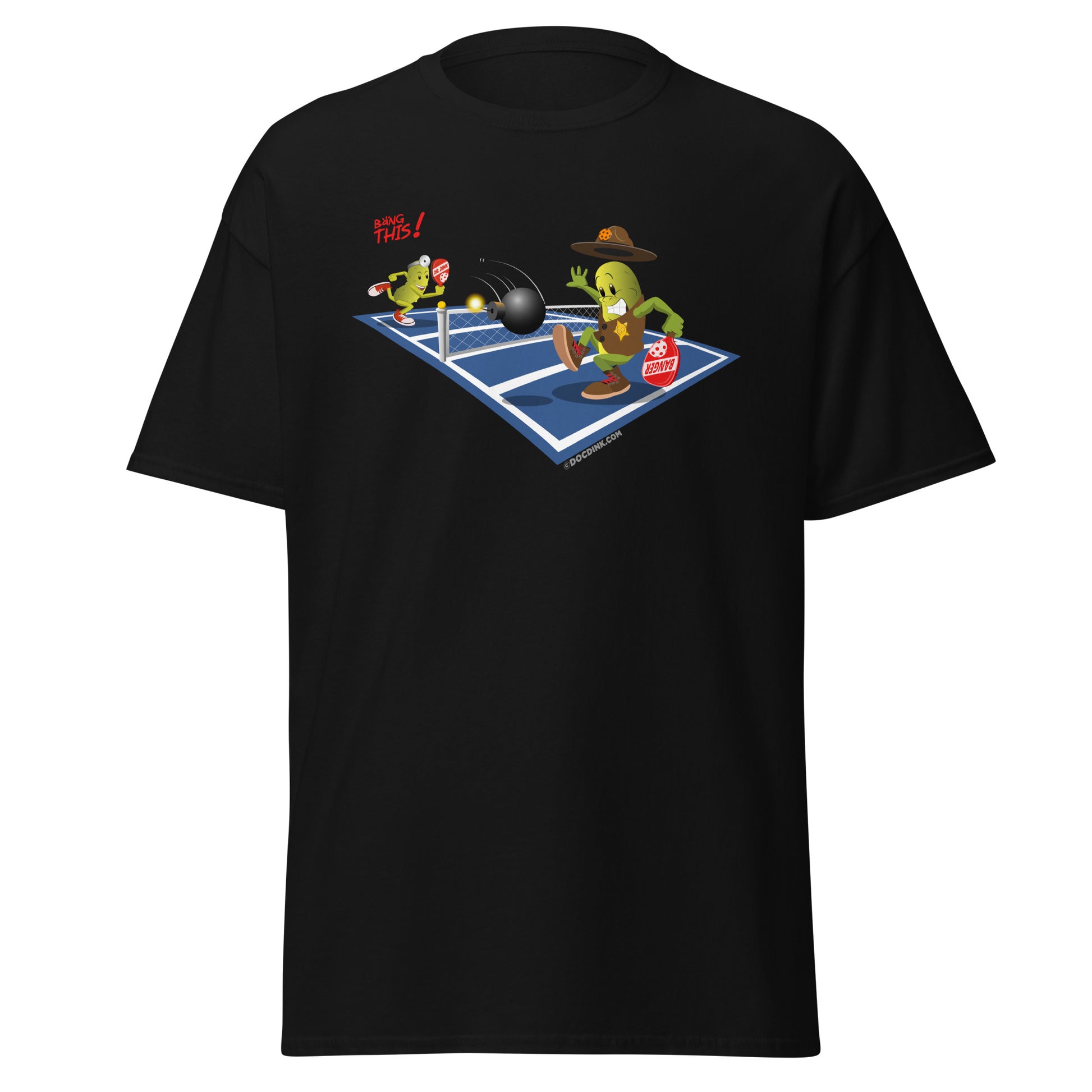 100% Cotton Pickleball T-Shirt - Dr. Dink vs Sgt. Banger - The Volley - DocDink.com