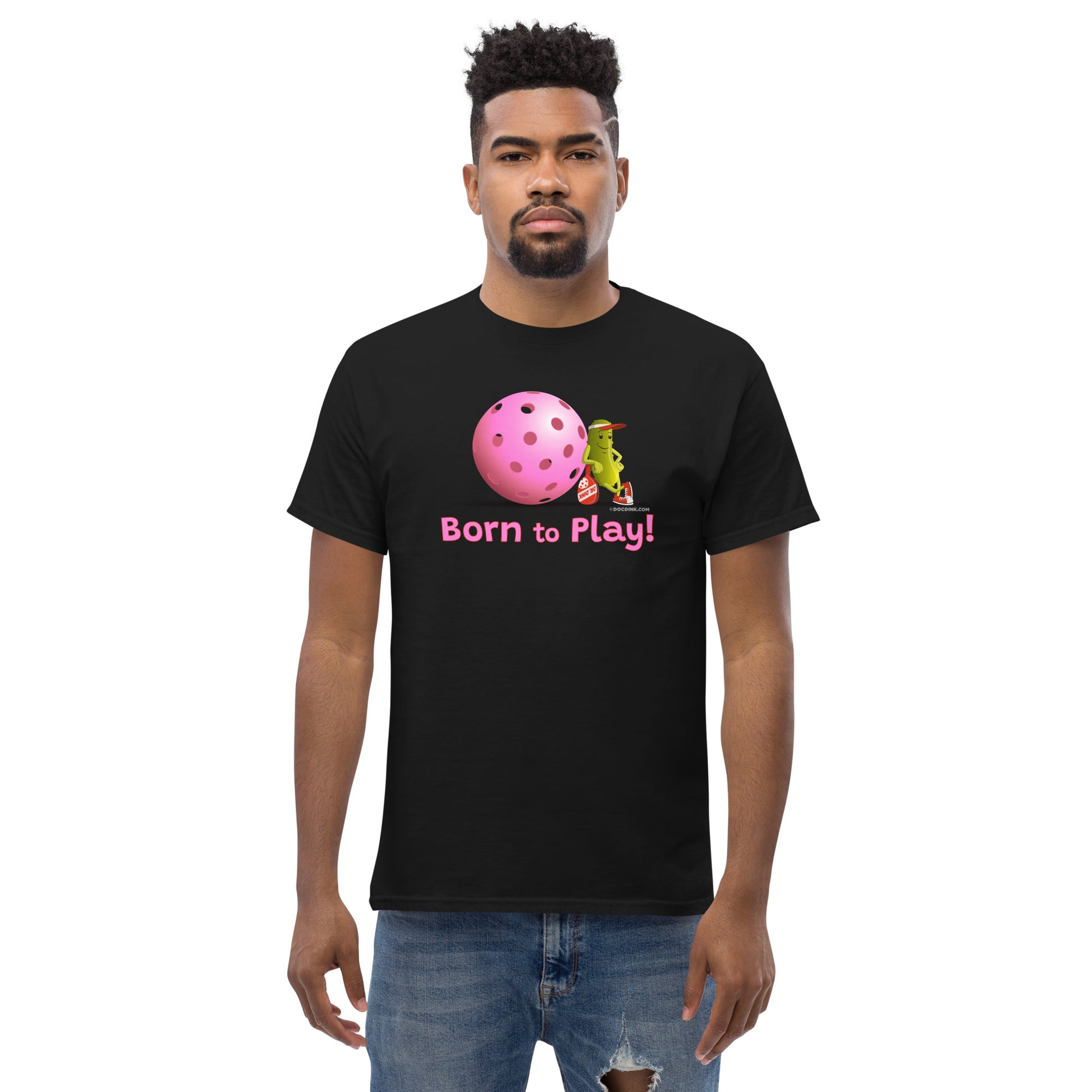 100% Cotton Pickleball T-Shirt - Resting Pickleball - "Born to Play" #pink - DocDink.com