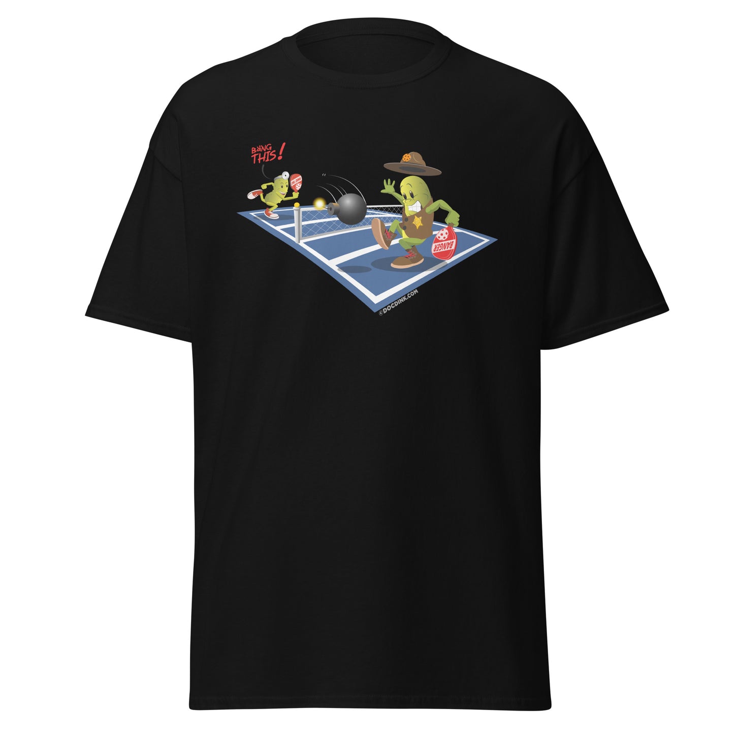 100% Cotton Pickleball T-Shirt - Dr. Dink vs Sgt. Banger - The Volley - DocDink.com