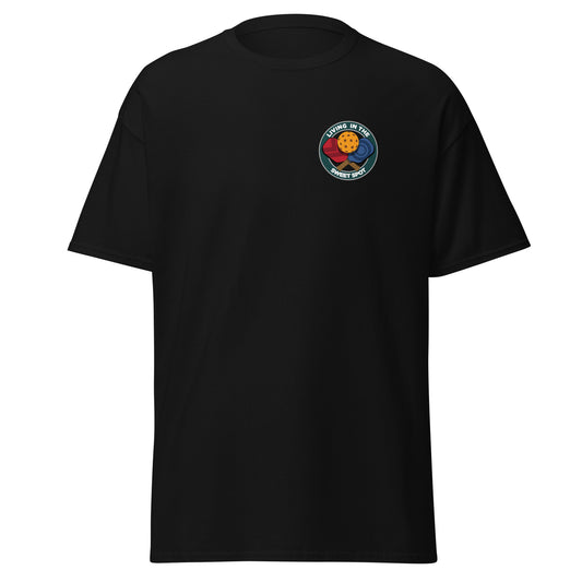 100% Cotton Pickleball T-Shirt - "Living in the Sweet Spot" - Crossed Paddles (pocket) - DocDink.com