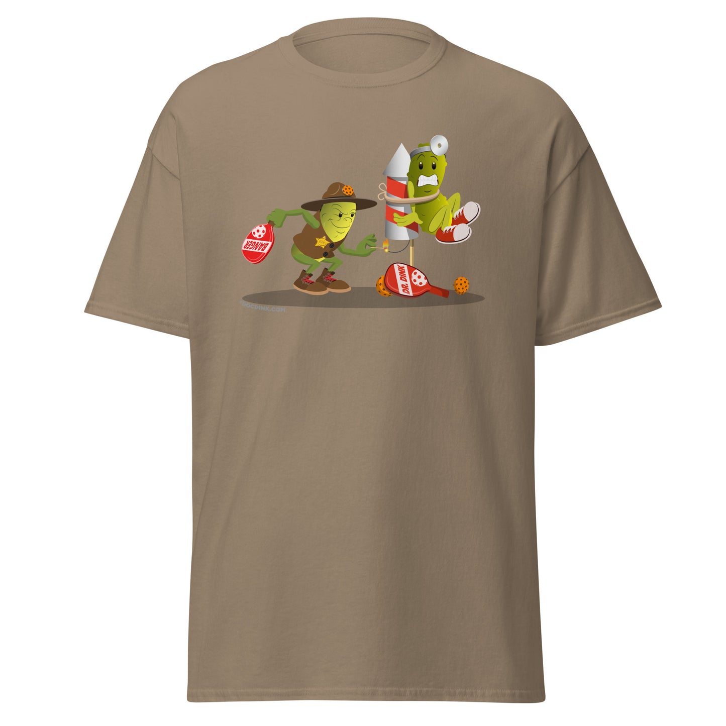 100% Cotton Pickleball T-Shirt - Dr. Dink vs Sgt. Banger - Light it up! - DocDink.com