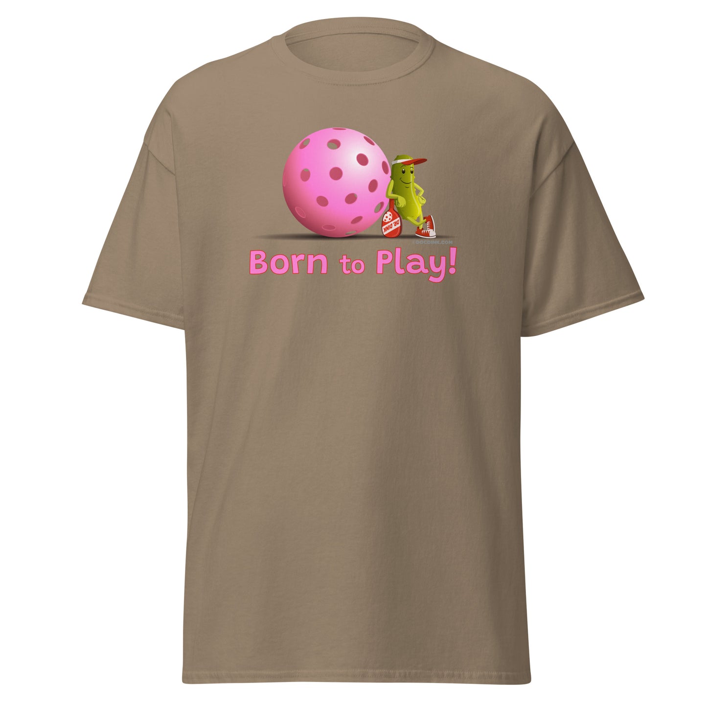 100% Cotton Pickleball T-Shirt - Resting Pickleball - "Born to Play" #pink - DocDink.com