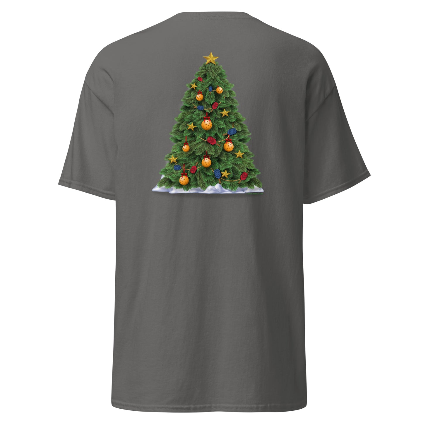 100% Cotton Pickleball T-Shirt - Snowy Pickleball (pocket) + A Pickleball Christmas (back) - DocDink.com