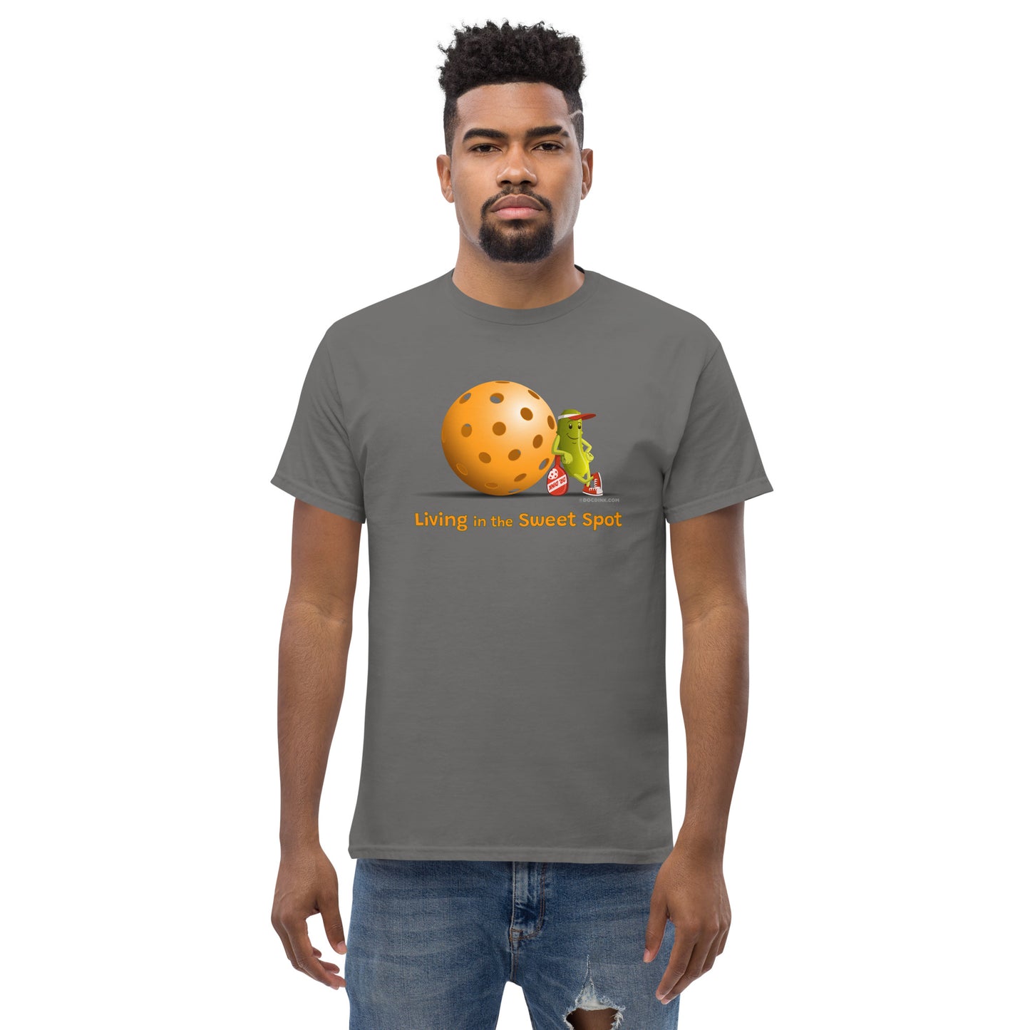 100% Cotton Pickleball T-Shirt - Resting Pickleball - "Living in the Sweet Spot" - DocDink.com