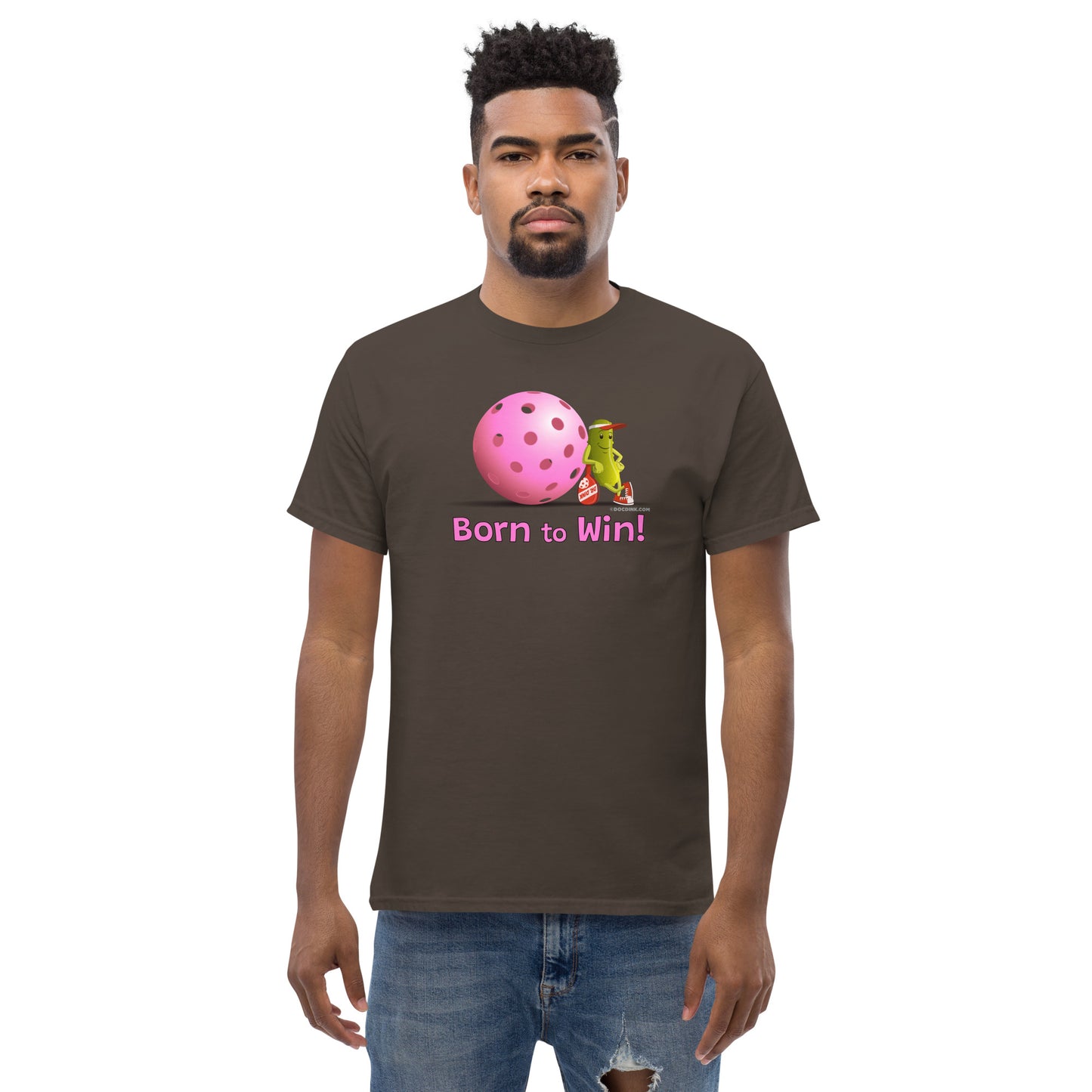 100% Cotton Pickleball T-Shirt - Resting Pickleball - "Born to Win" #pink - DocDink.com