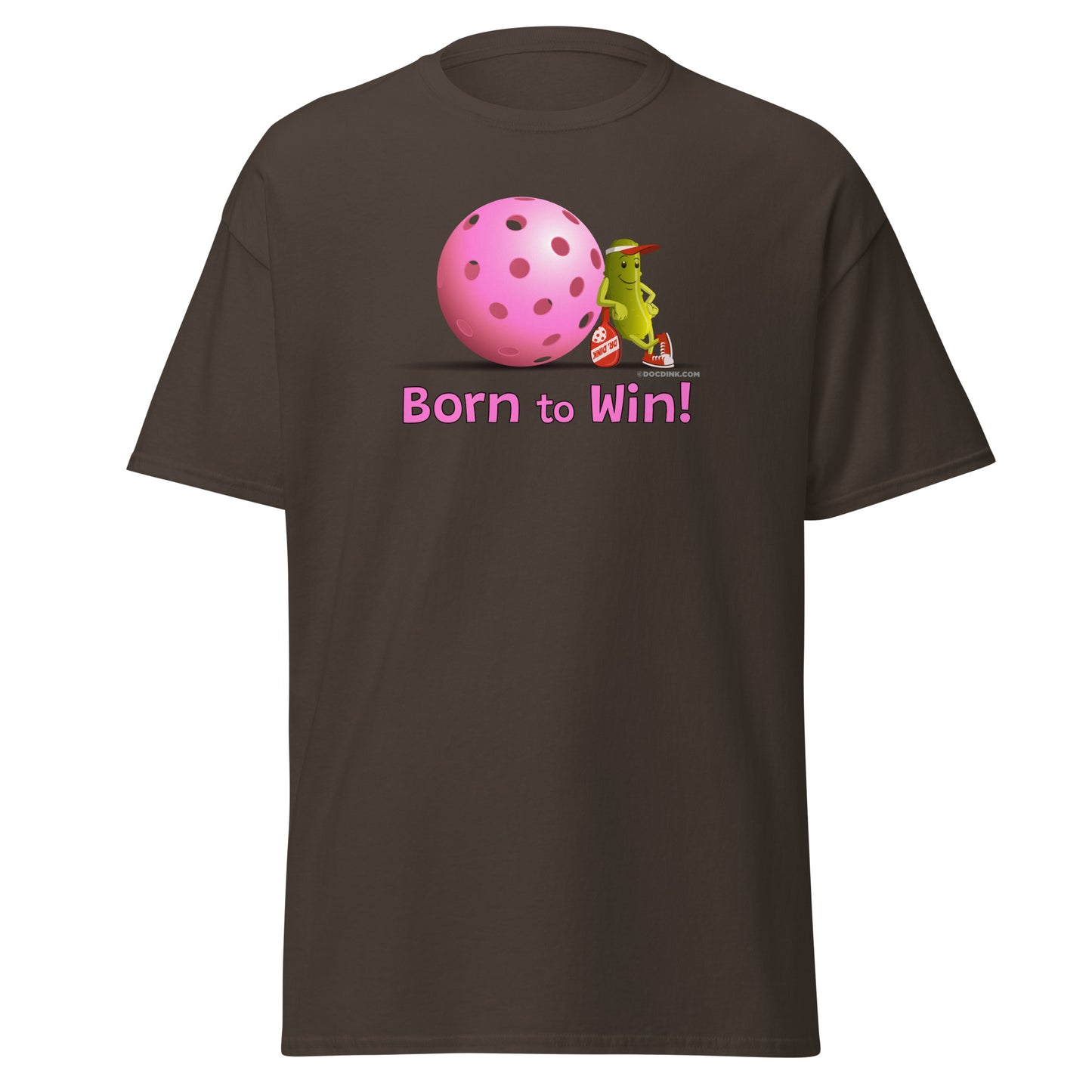 100% Cotton Pickleball T-Shirt - Resting Pickleball - "Born to Win" #pink - DocDink.com