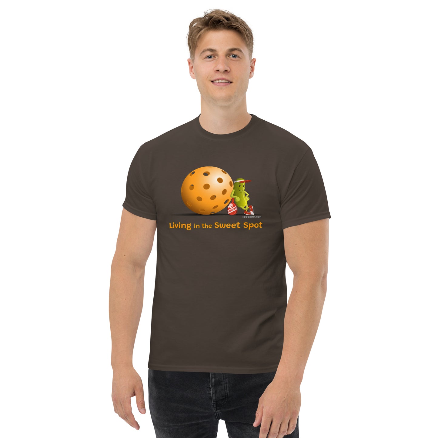 100% Cotton Pickleball T-Shirt - Resting Pickleball - "Living in the Sweet Spot" - DocDink.com