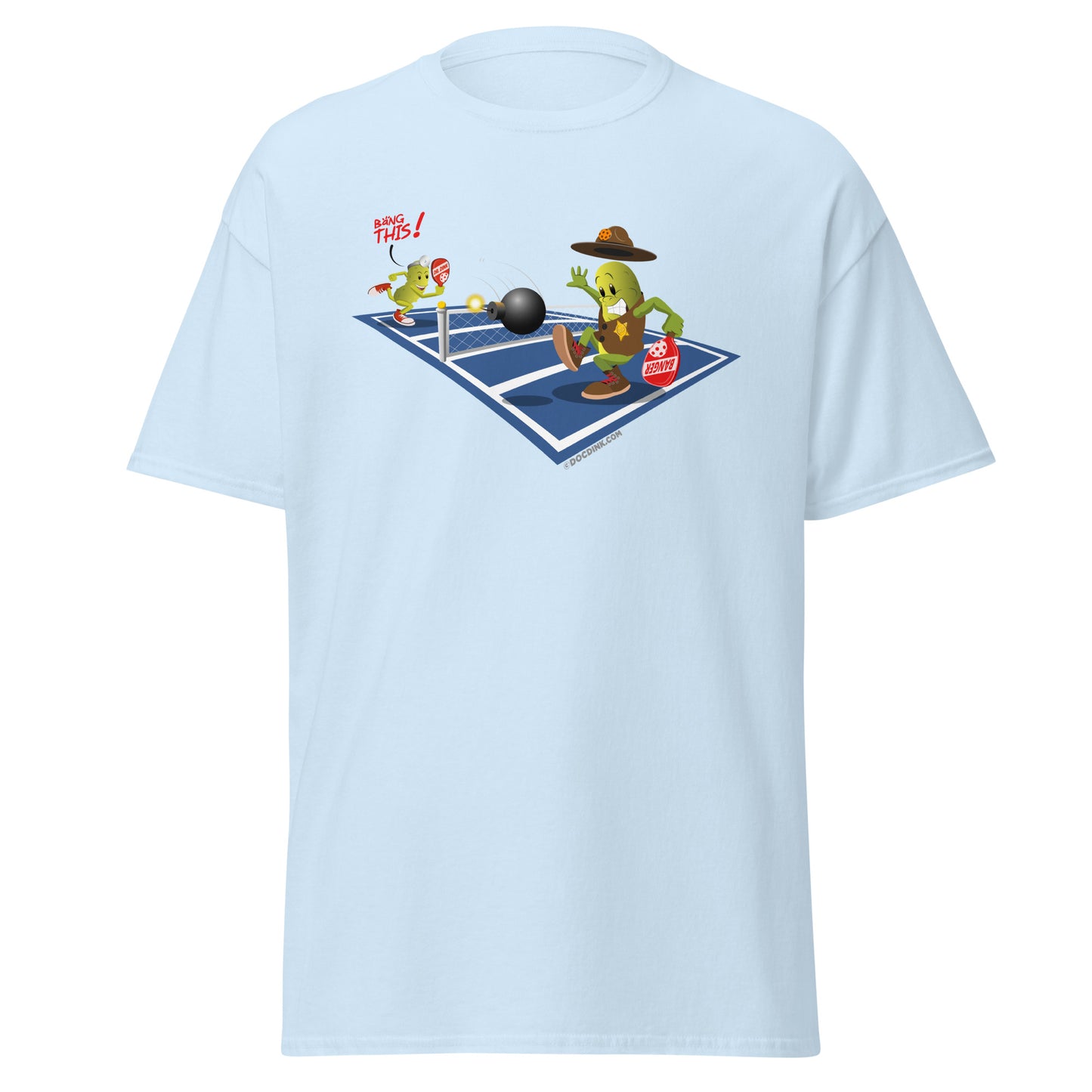 100% Cotton Pickleball T-Shirt - Dr. Dink vs Sgt. Banger - The Volley - DocDink.com