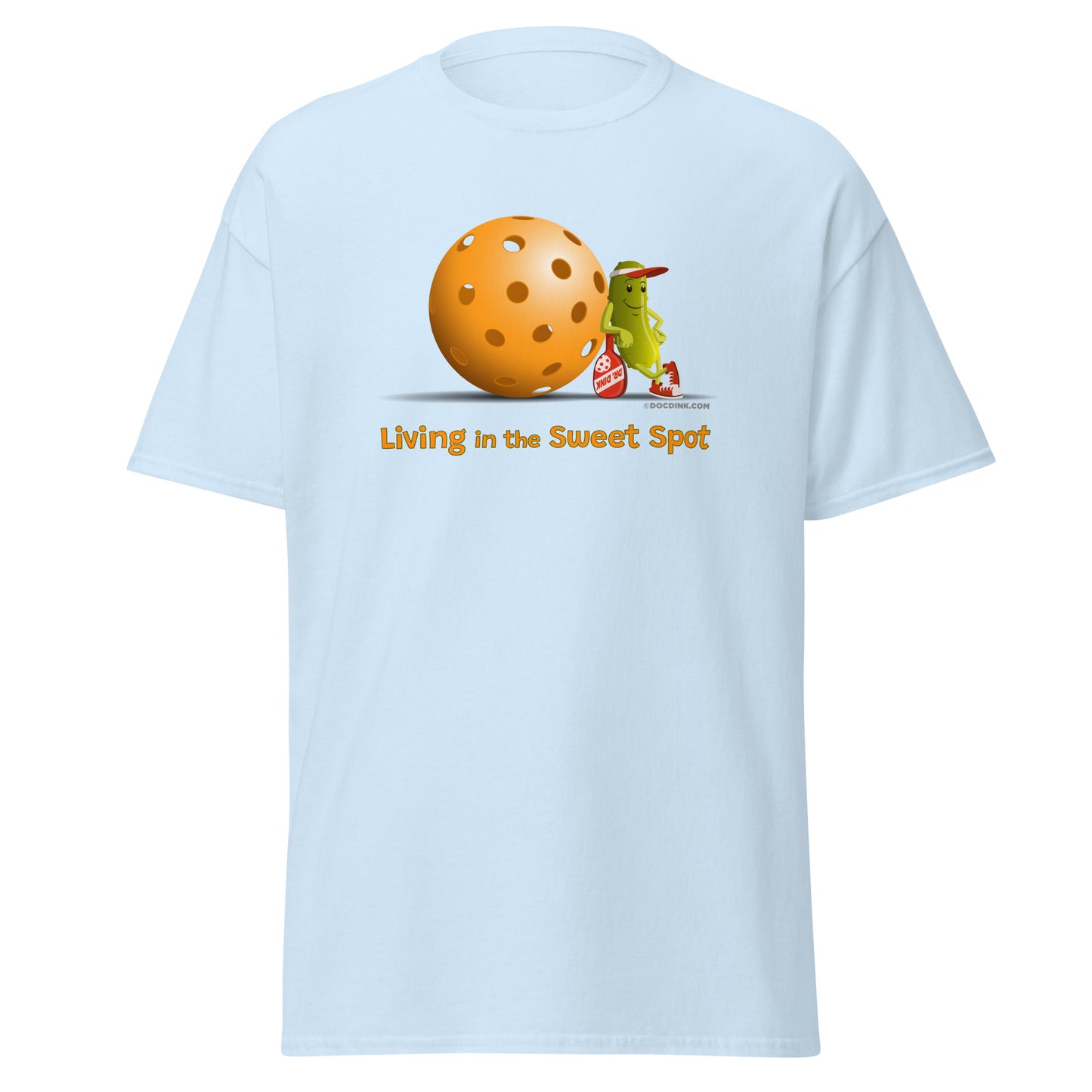 100% Cotton Pickleball T-Shirt - Resting Pickleball - "Living in the Sweet Spot" - DocDink.com