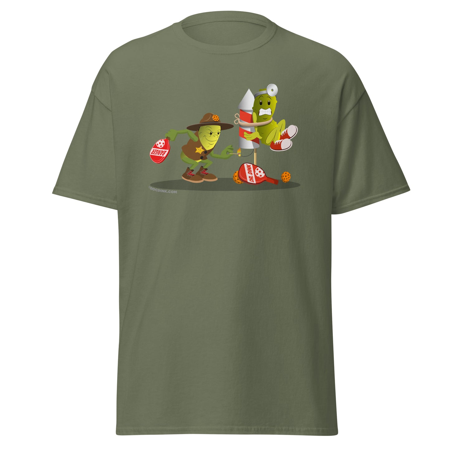 100% Cotton Pickleball T-Shirt - Dr. Dink vs Sgt. Banger - Light it up! - DocDink.com