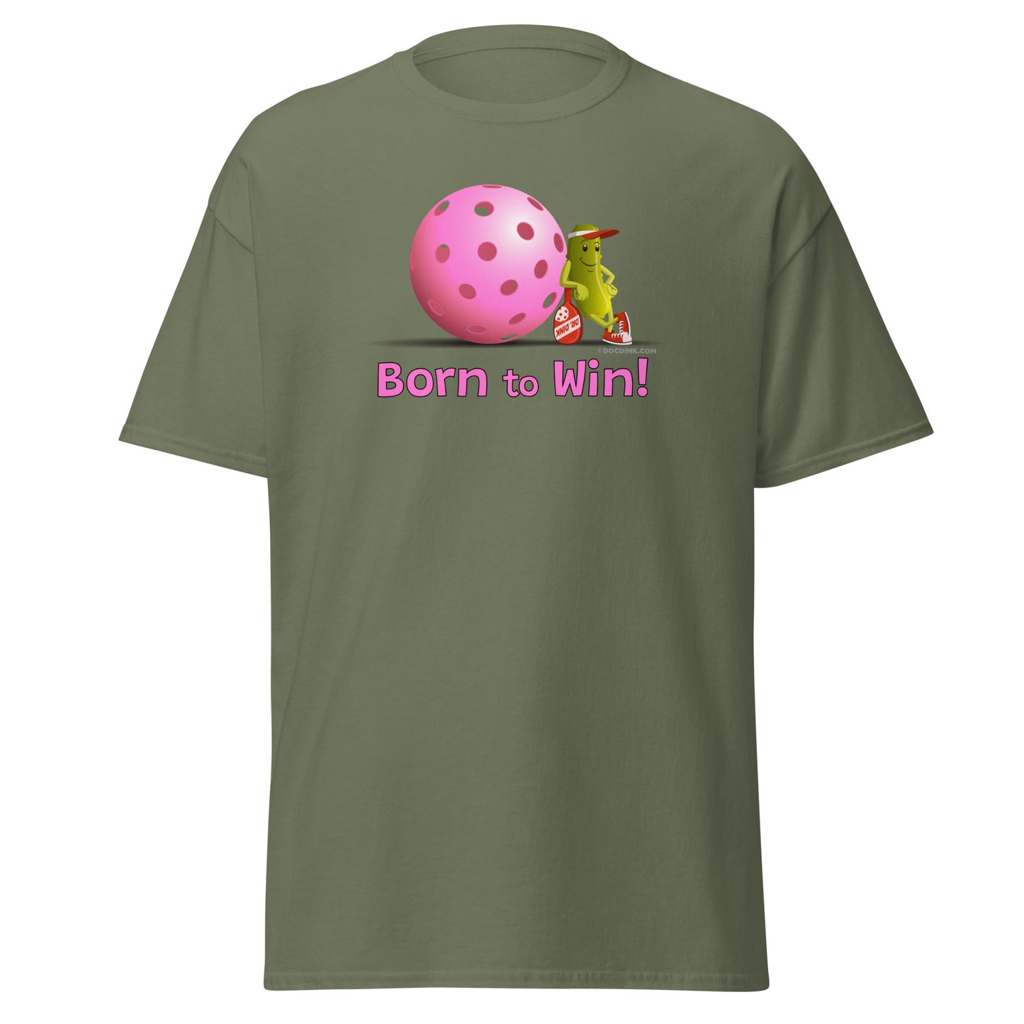 100% Cotton Pickleball T-Shirt - Resting Pickleball - "Born to Win" #pink - DocDink.com