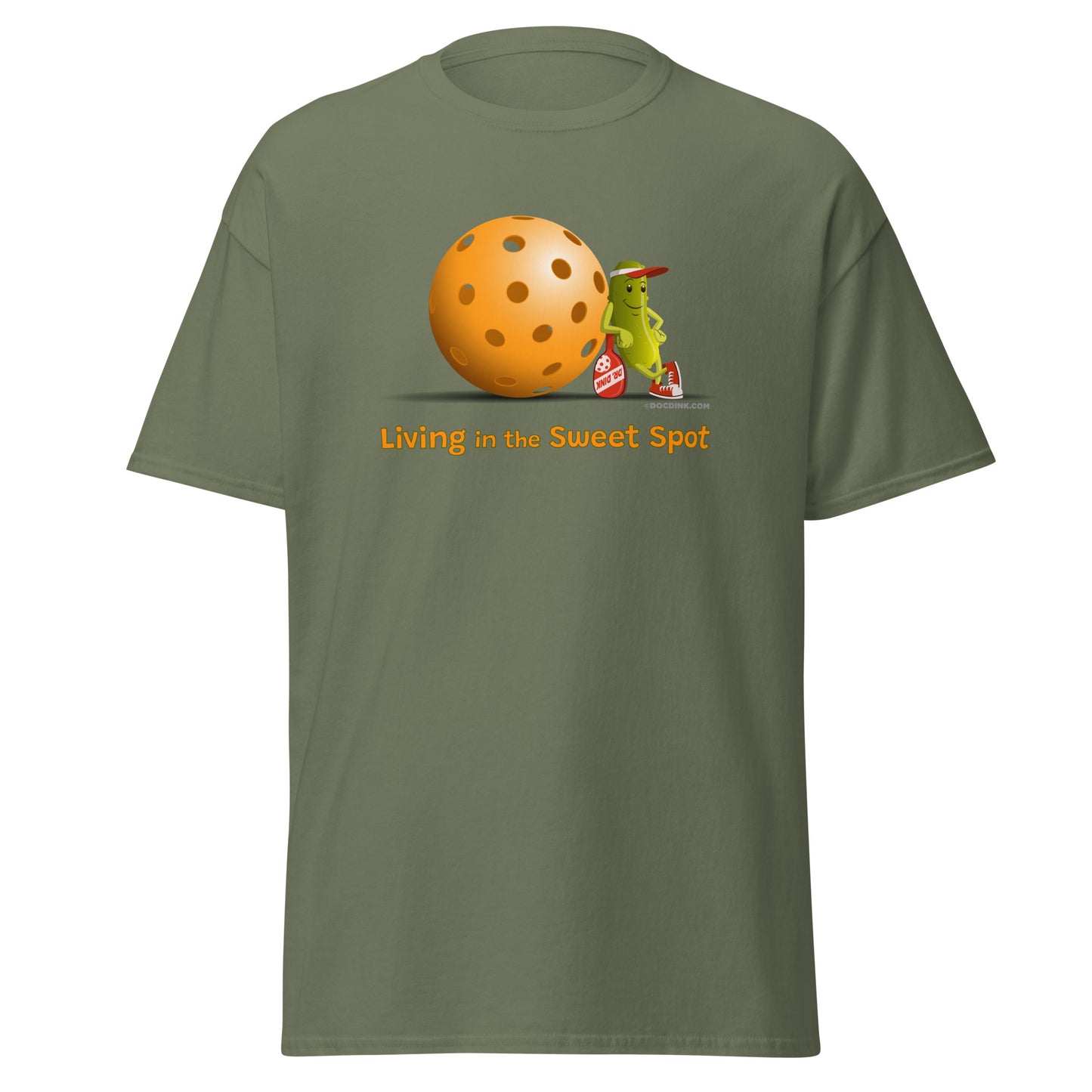 100% Cotton Pickleball T-Shirt - Resting Pickleball - "Living in the Sweet Spot" - DocDink.com