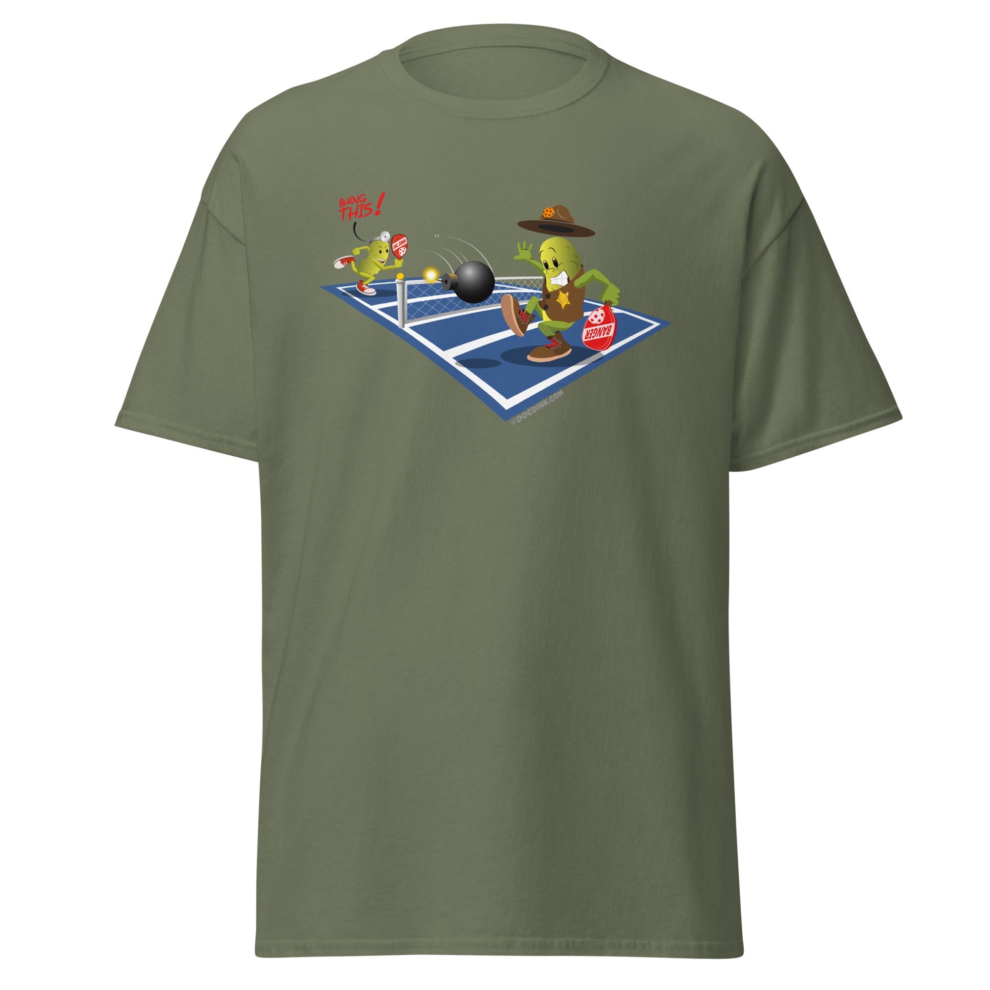 100% Cotton Pickleball T-Shirt - Dr. Dink vs Sgt. Banger - The Volley - DocDink.com