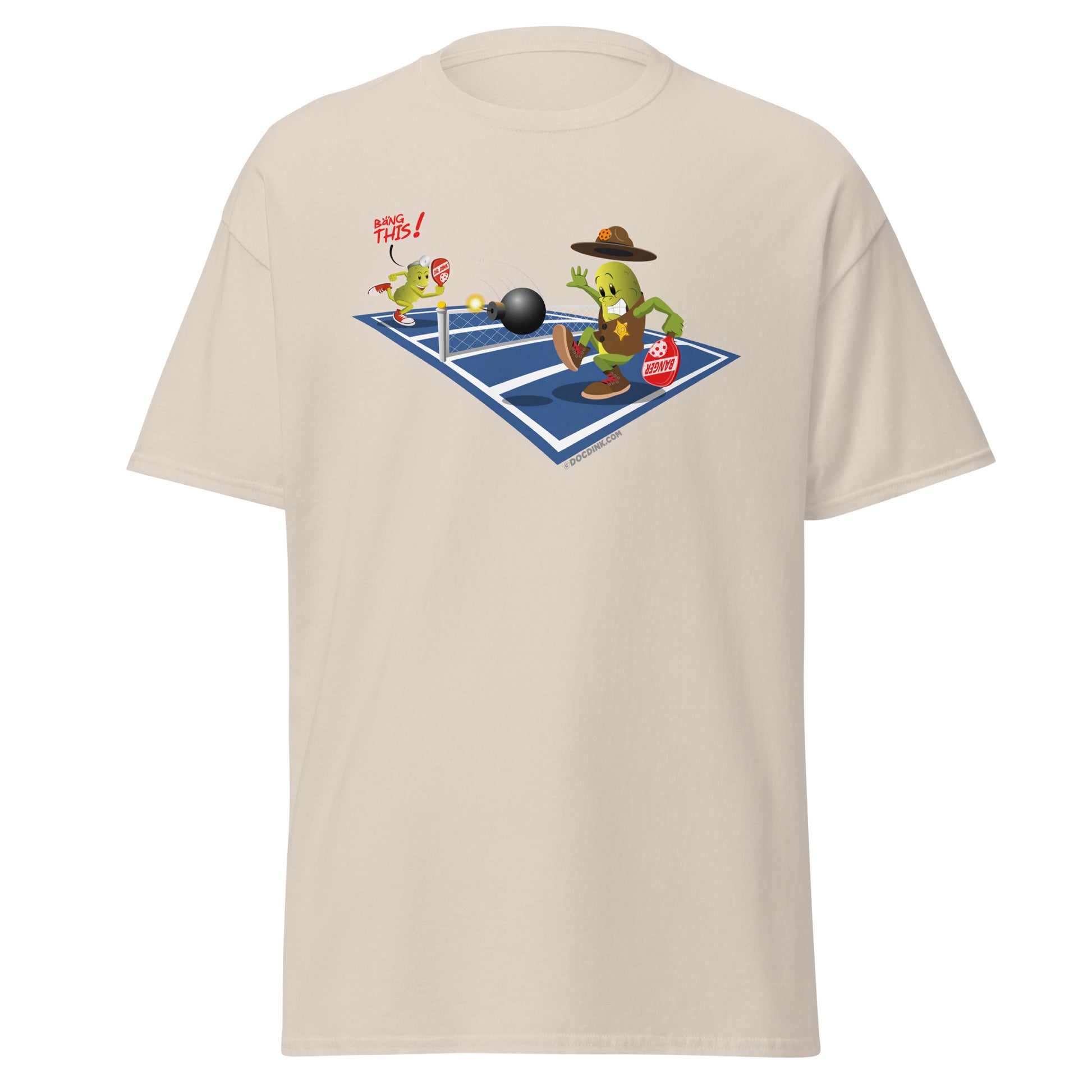 100% Cotton Pickleball T-Shirt - Dr. Dink vs Sgt. Banger - The Volley - DocDink.com