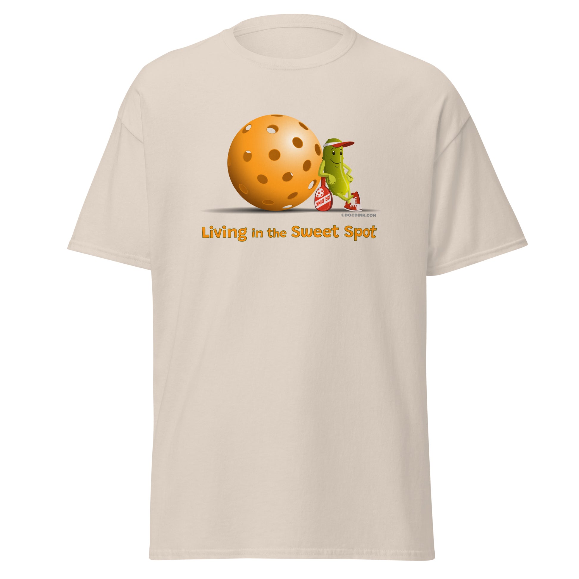 100% Cotton Pickleball T-Shirt - Resting Pickleball - "Living in the Sweet Spot" - DocDink.com