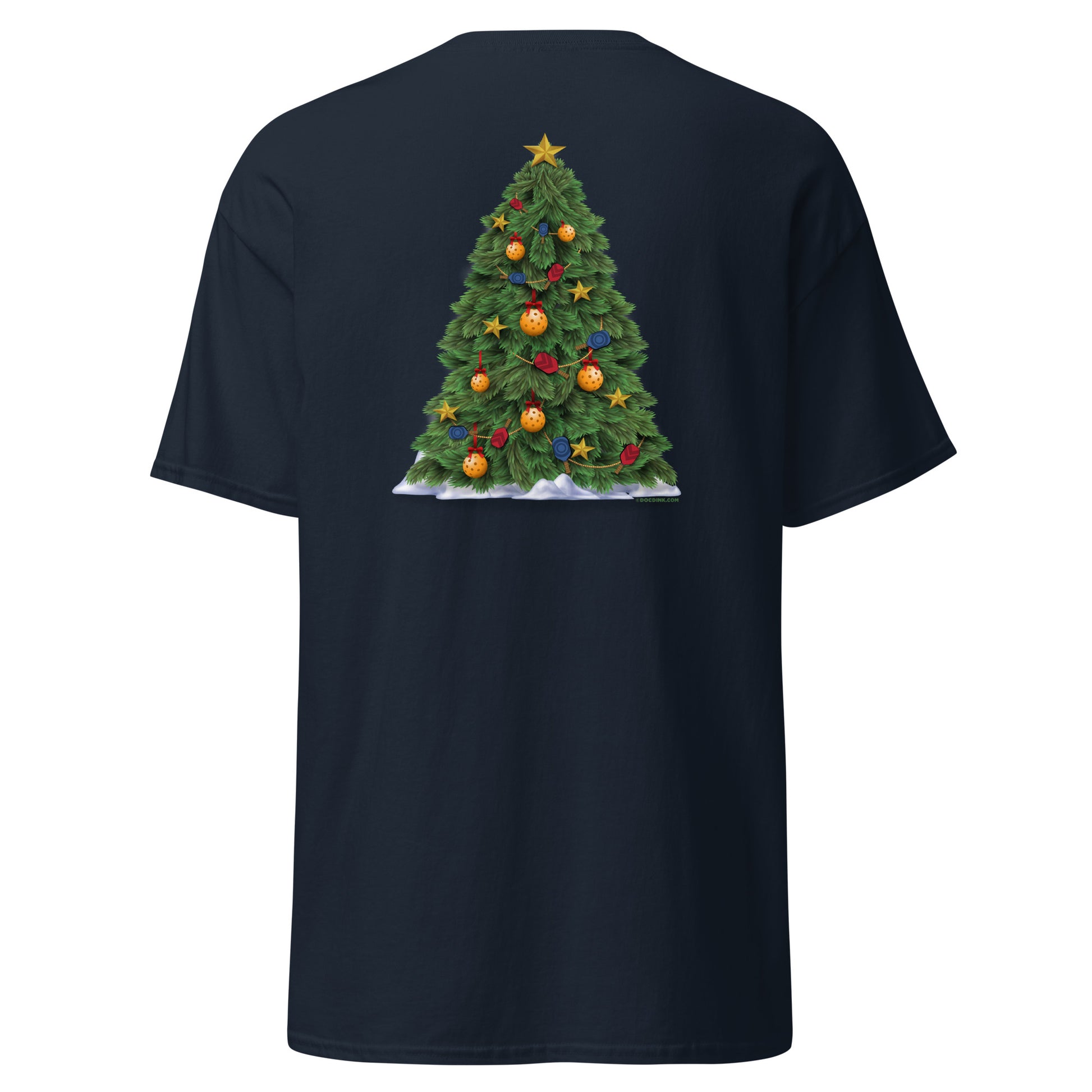 100% Cotton Pickleball T-Shirt - Snowy Pickleball (pocket) + A Pickleball Christmas (back) - DocDink.com