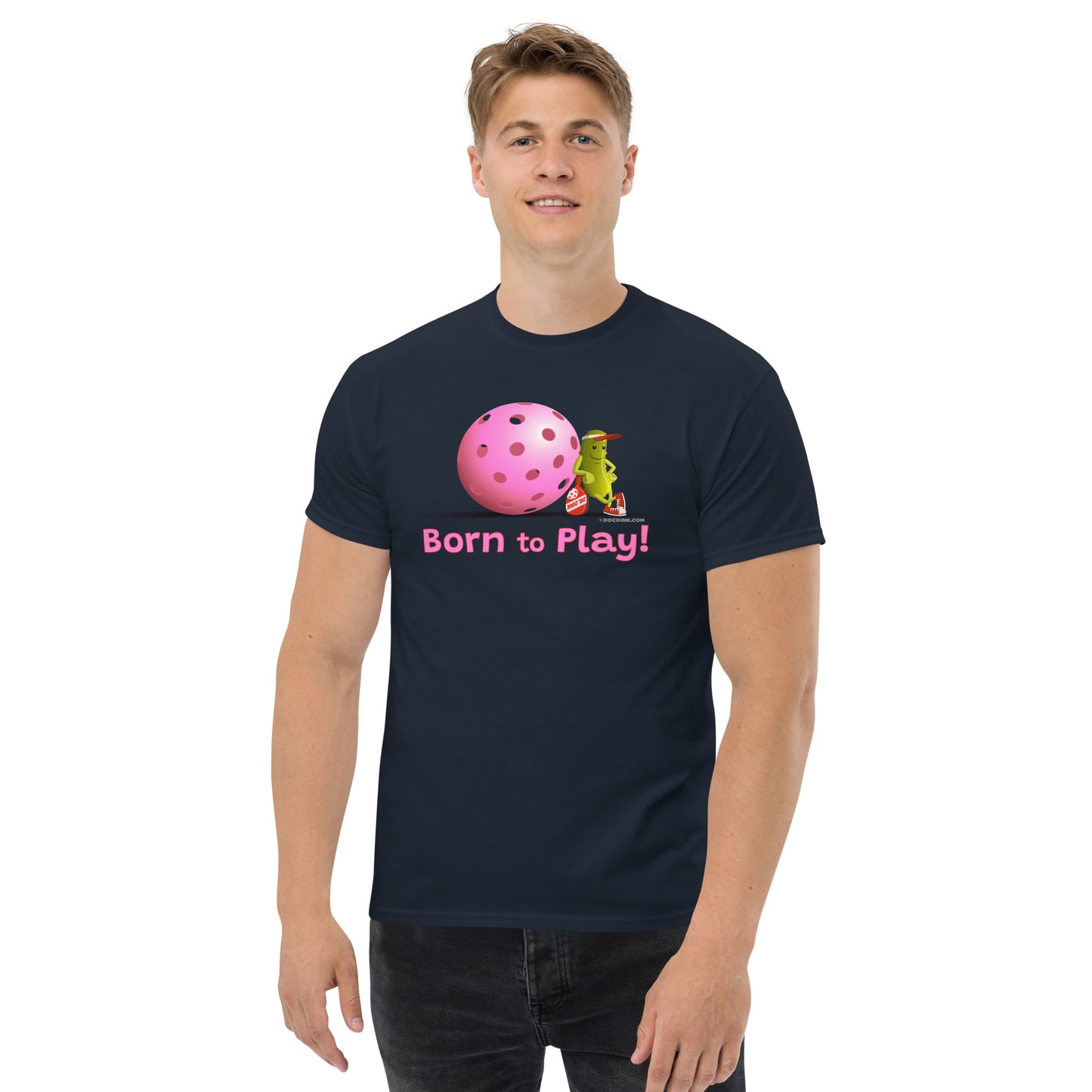 100% Cotton Pickleball T-Shirt - Resting Pickleball - "Born to Play" #pink - DocDink.com