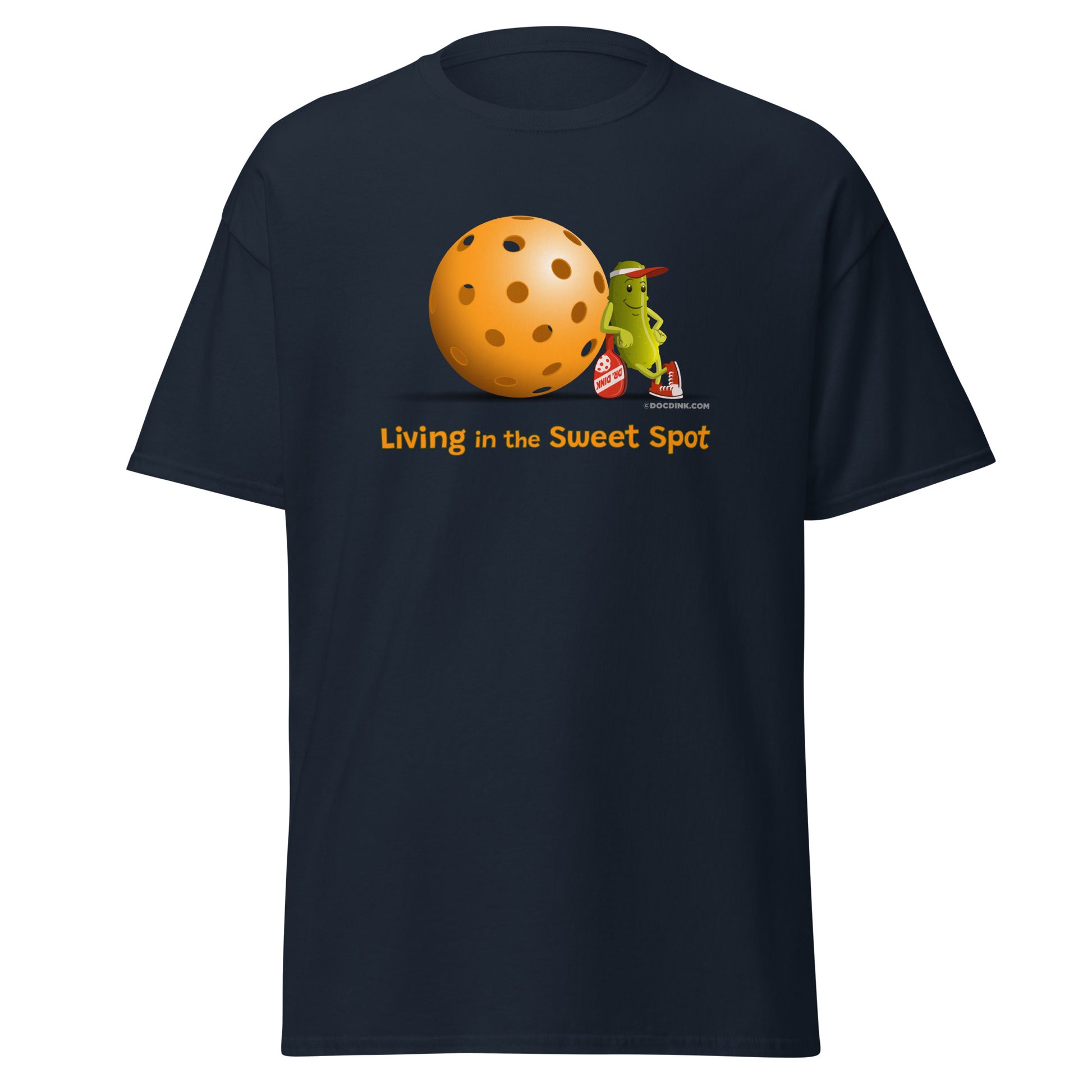 100% Cotton Pickleball T-Shirt - Resting Pickleball - "Living in the Sweet Spot" - DocDink.com