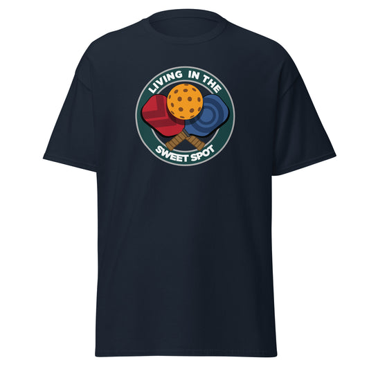 100% Cotton Pickleball T-Shirt - "Living in the Sweet Spot" emblem - DocDink.com