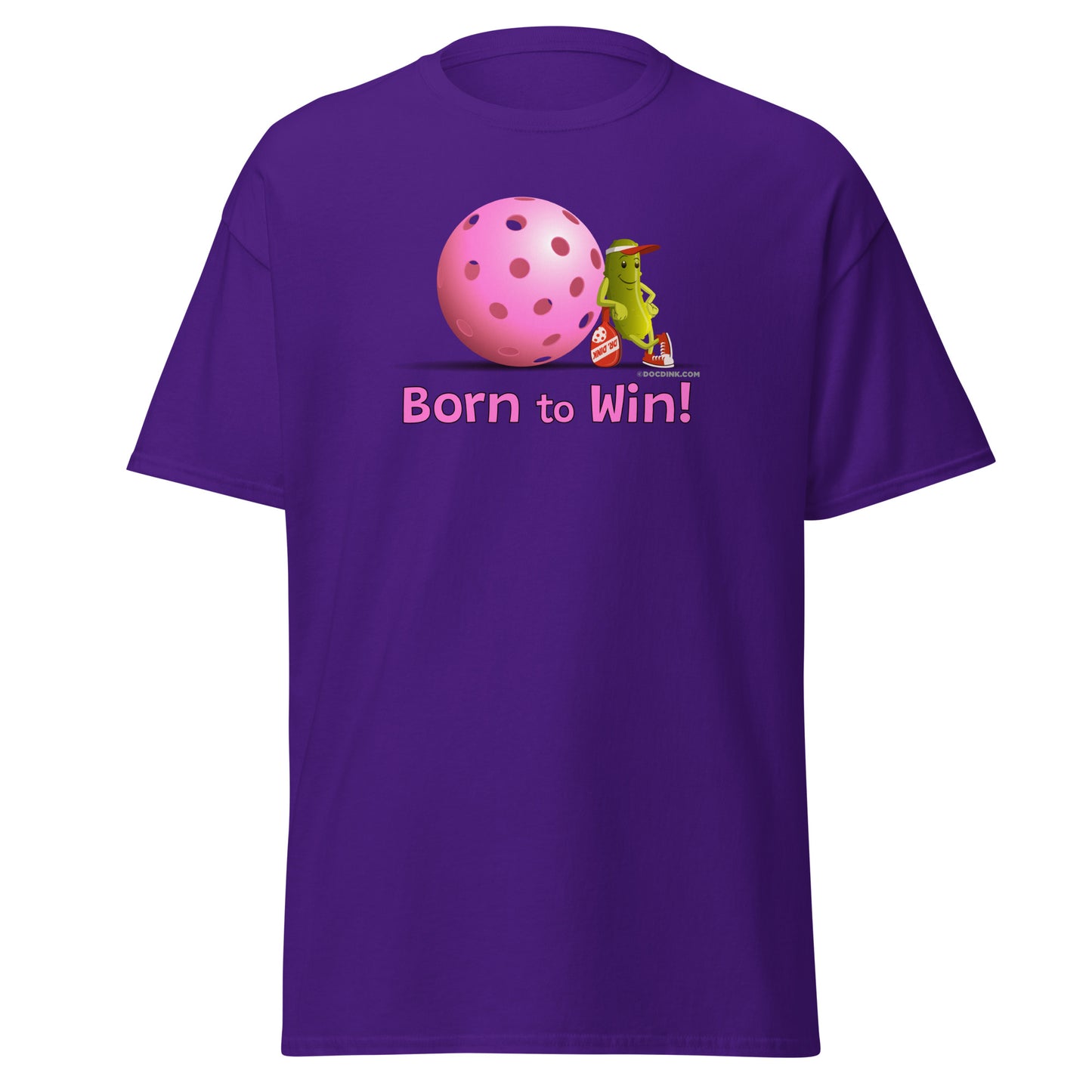 100% Cotton Pickleball T-Shirt - Resting Pickleball - "Born to Win" #pink - DocDink.com