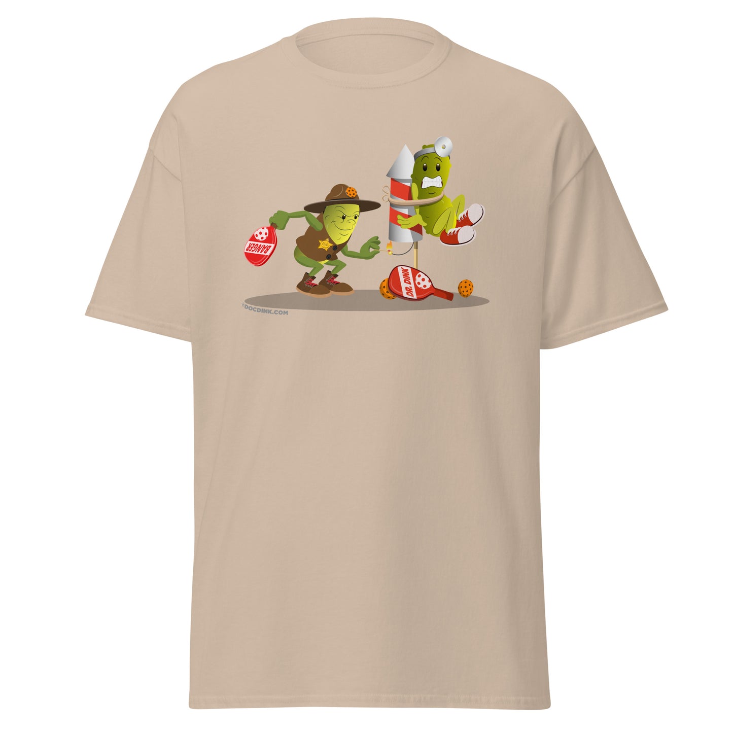 100% Cotton Pickleball T-Shirt - Dr. Dink vs Sgt. Banger - Light it up! - DocDink.com