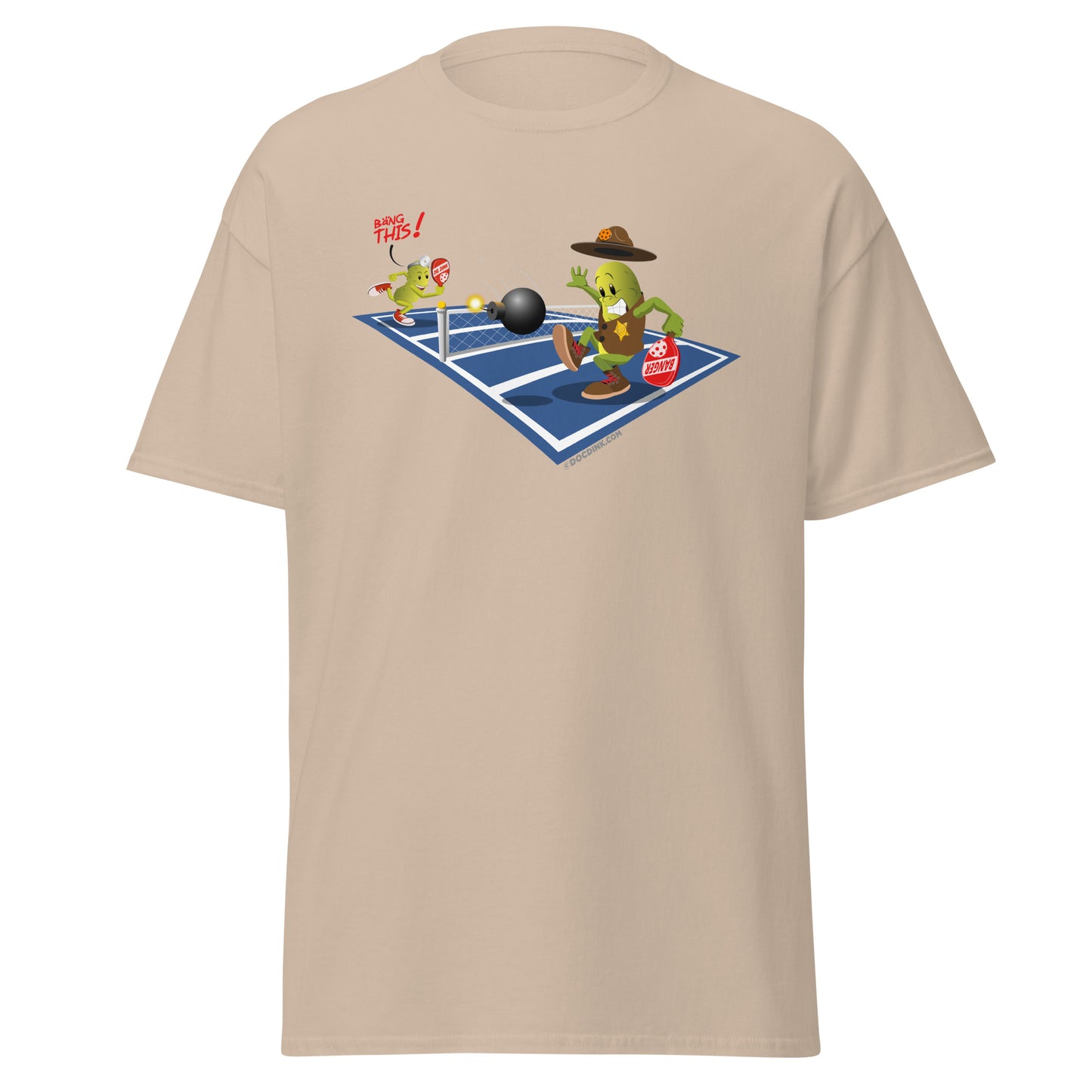 100% Cotton Pickleball T-Shirt - Dr. Dink vs Sgt. Banger - The Volley - DocDink.com