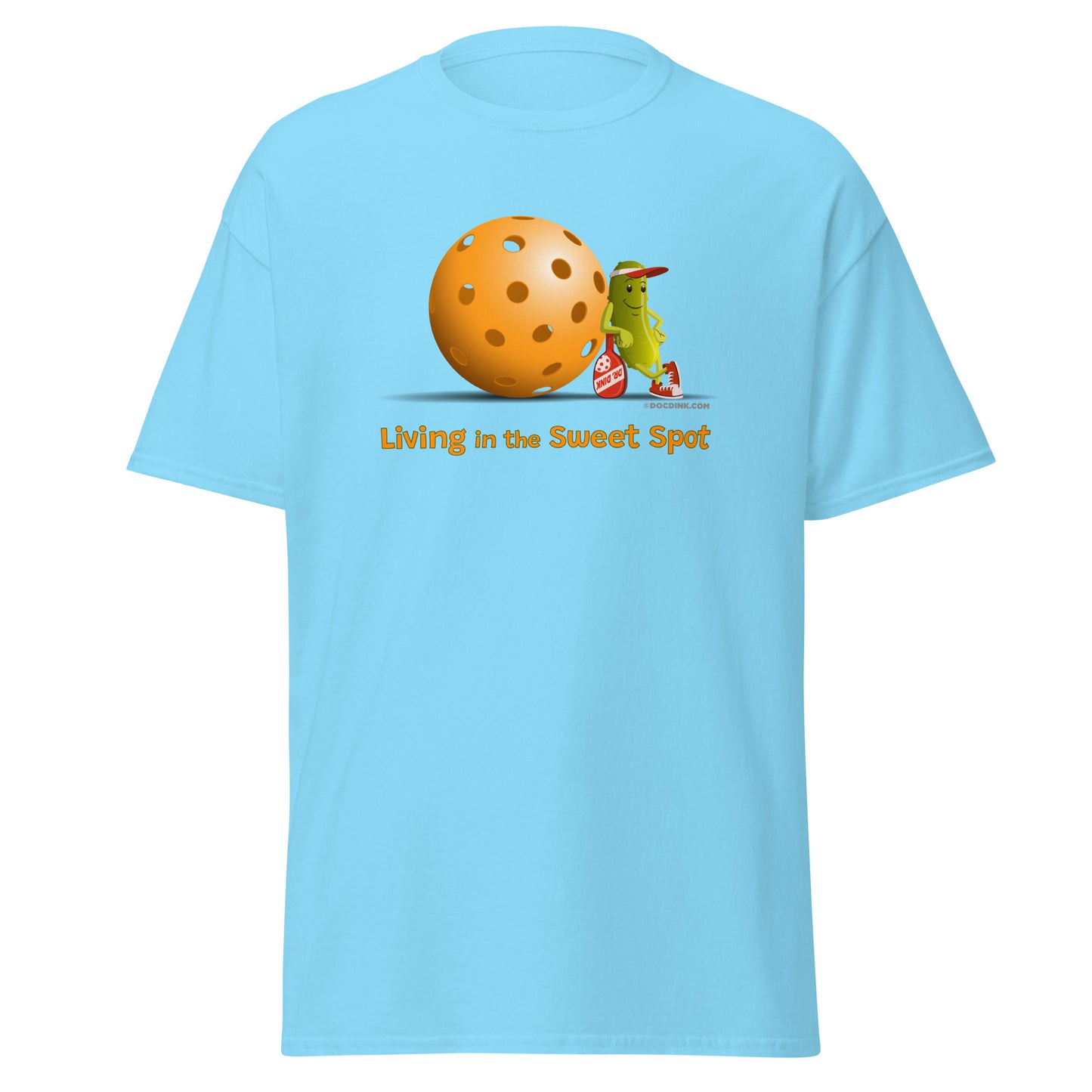 100% Cotton Pickleball T-Shirt - Resting Pickleball - "Living in the Sweet Spot" - DocDink.com