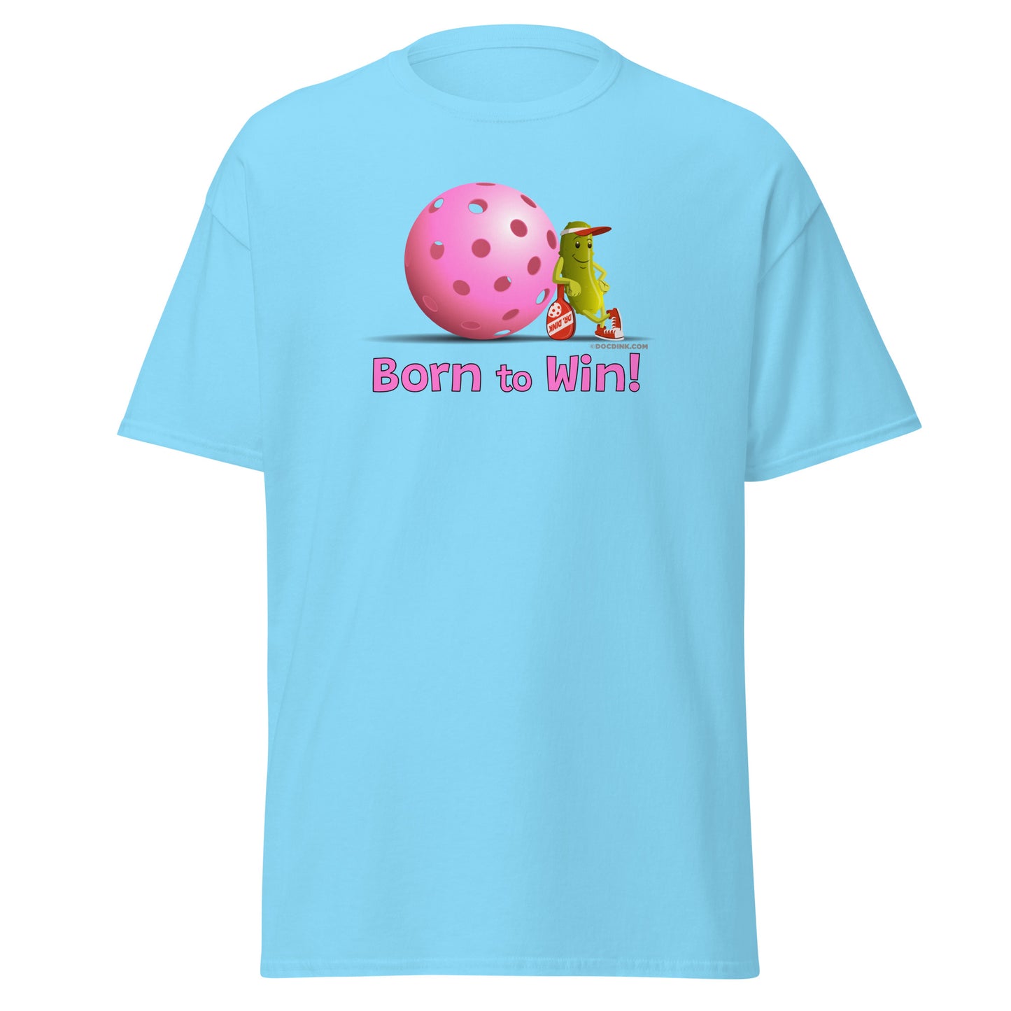 100% Cotton Pickleball T-Shirt - Resting Pickleball - "Born to Win" #pink - DocDink.com