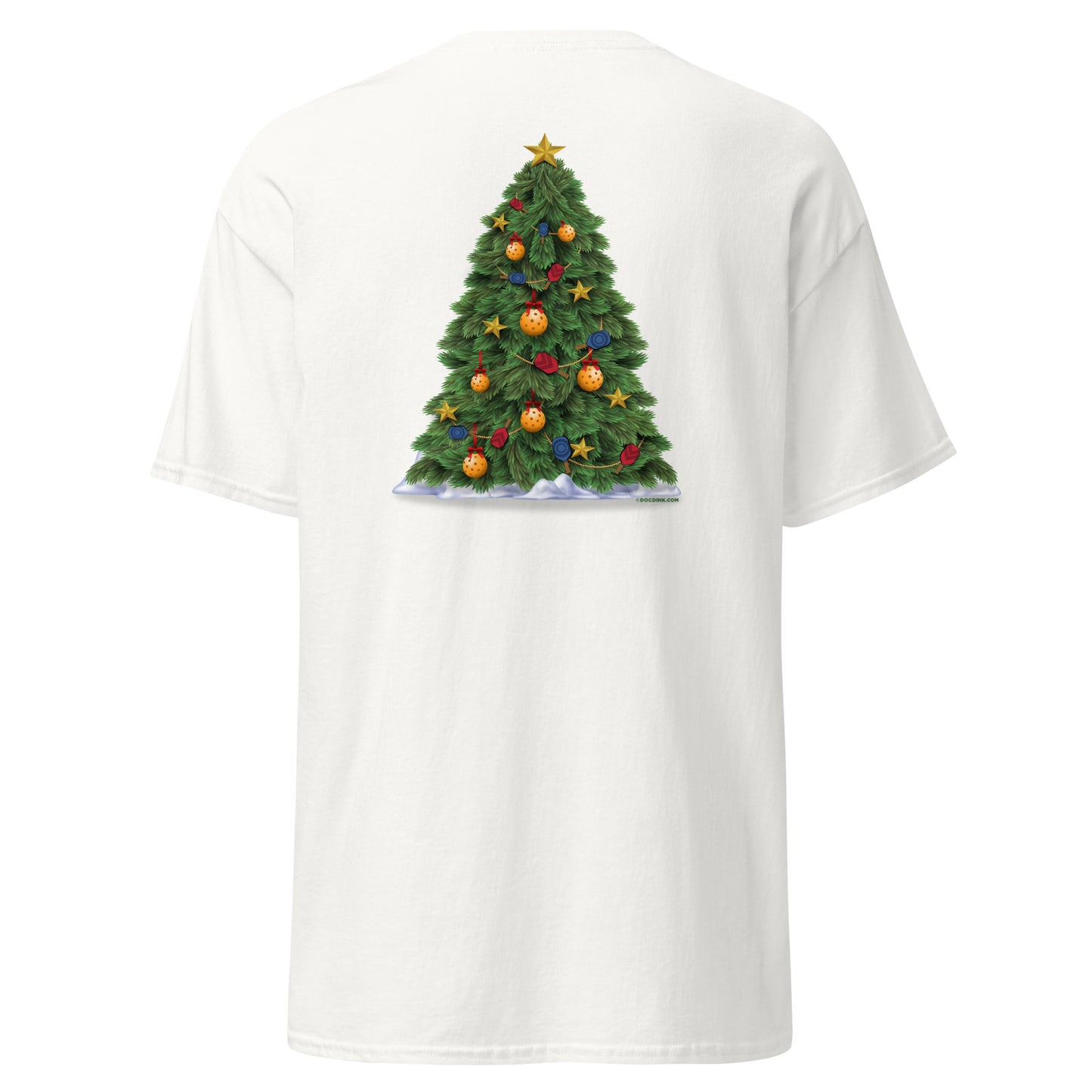 100% Cotton Pickleball T-Shirt - Snowy Pickleball (pocket) + A Pickleball Christmas (back) - DocDink.com