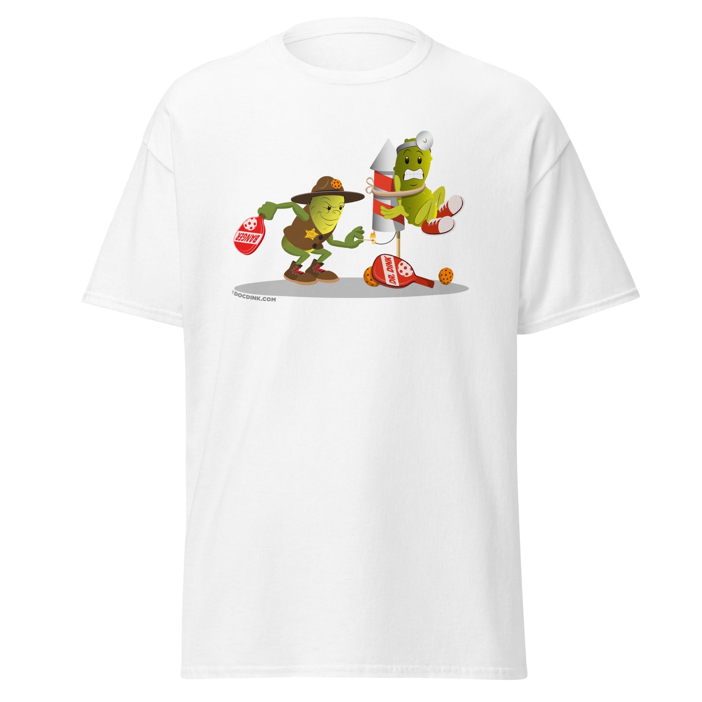 100% Cotton Pickleball T-Shirt - Dr. Dink vs Sgt. Banger - Light it up! - DocDink.com