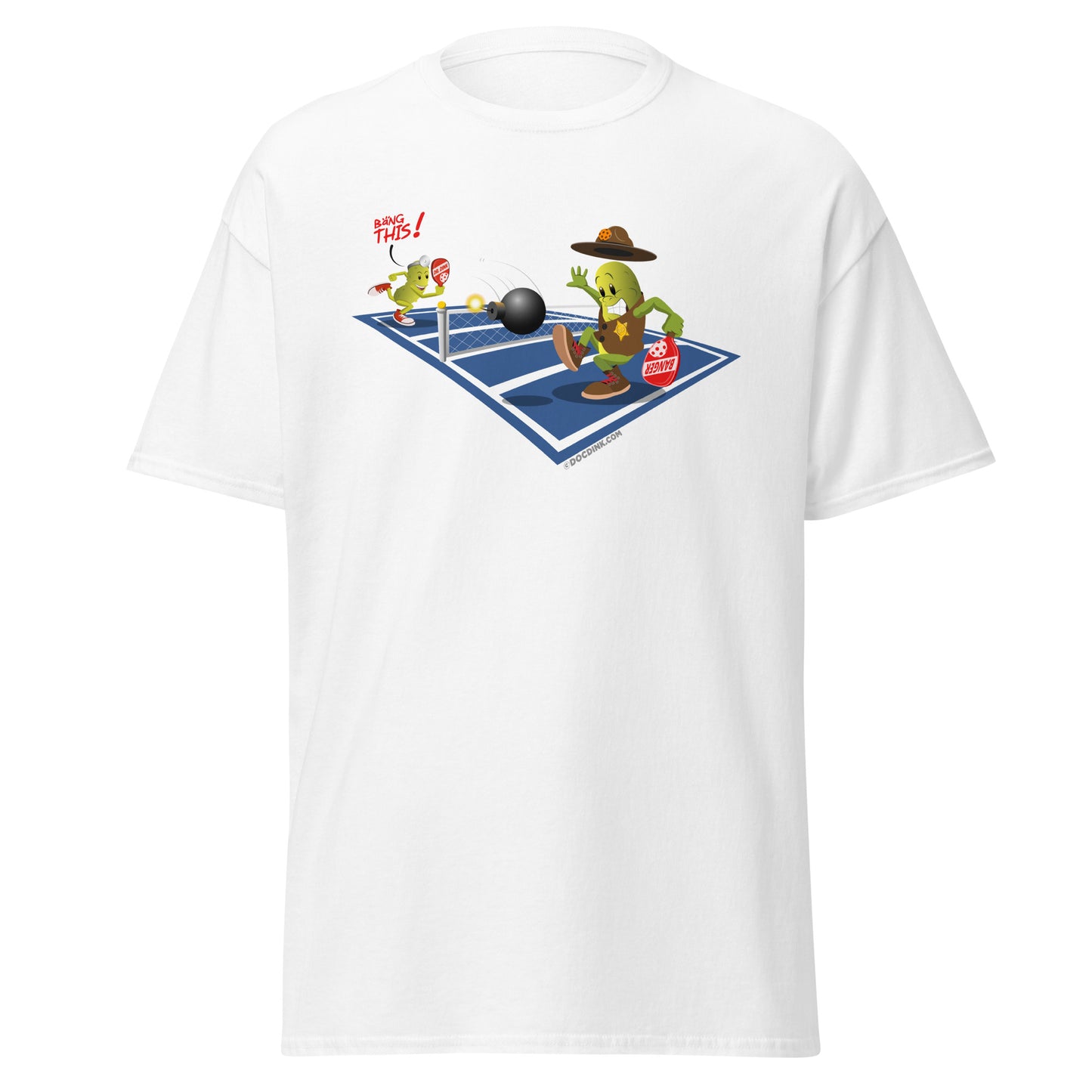 100% Cotton Pickleball T-Shirt - Dr. Dink vs Sgt. Banger - The Volley - DocDink.com