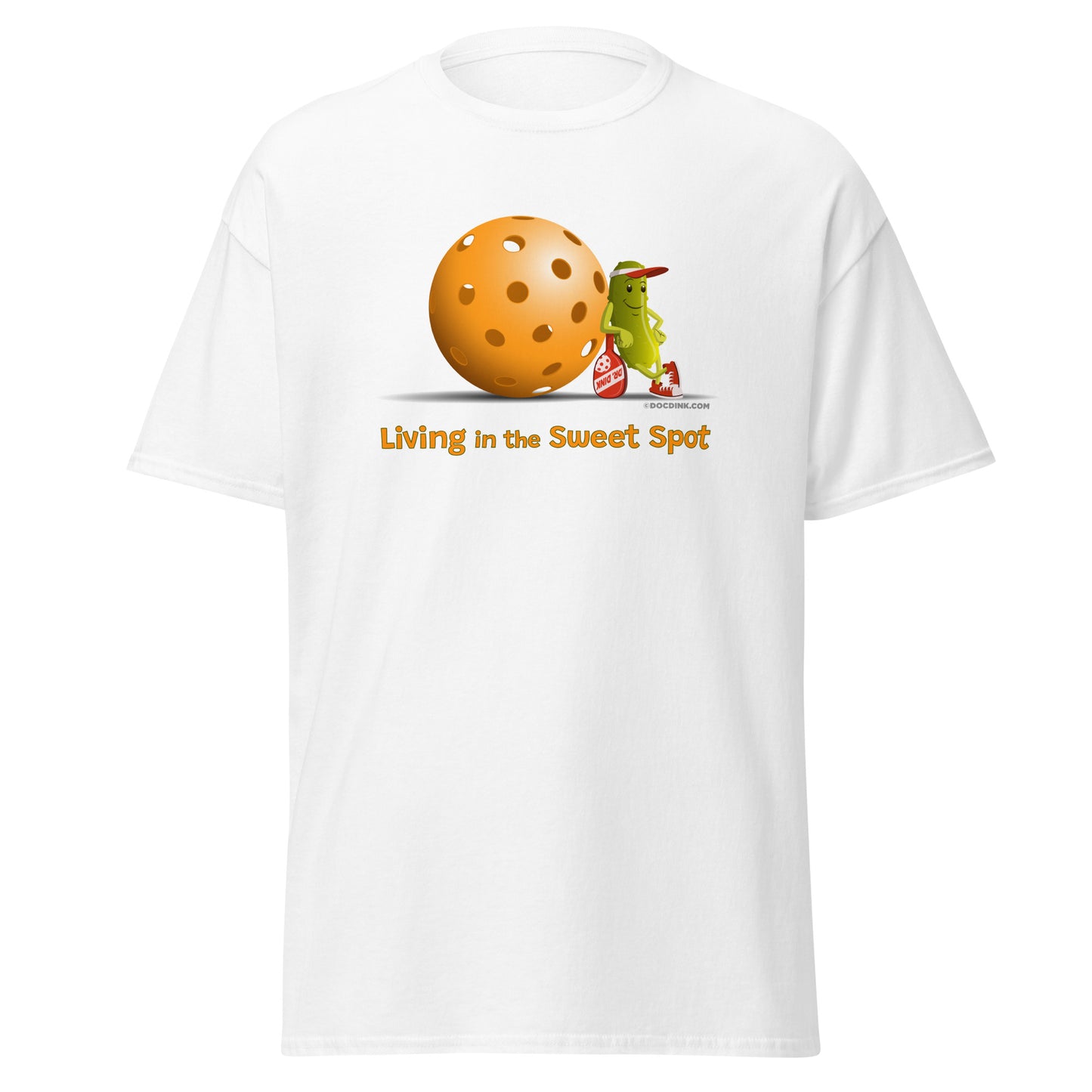 100% Cotton Pickleball T-Shirt - Resting Pickleball - "Living in the Sweet Spot" - DocDink.com