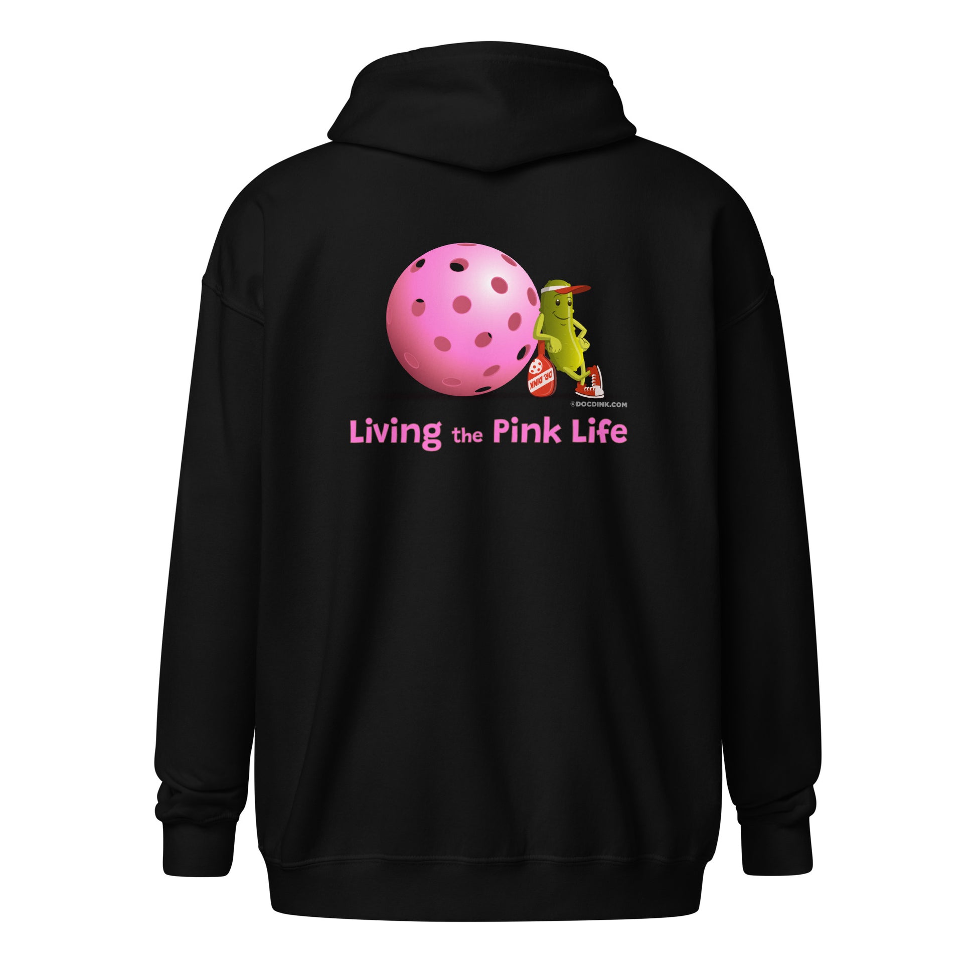 Heavy Zip Hoodie - Resting Pickleball - "Living the Pink Life" (back) + Pink Pickleball (pocket) - DocDink.com