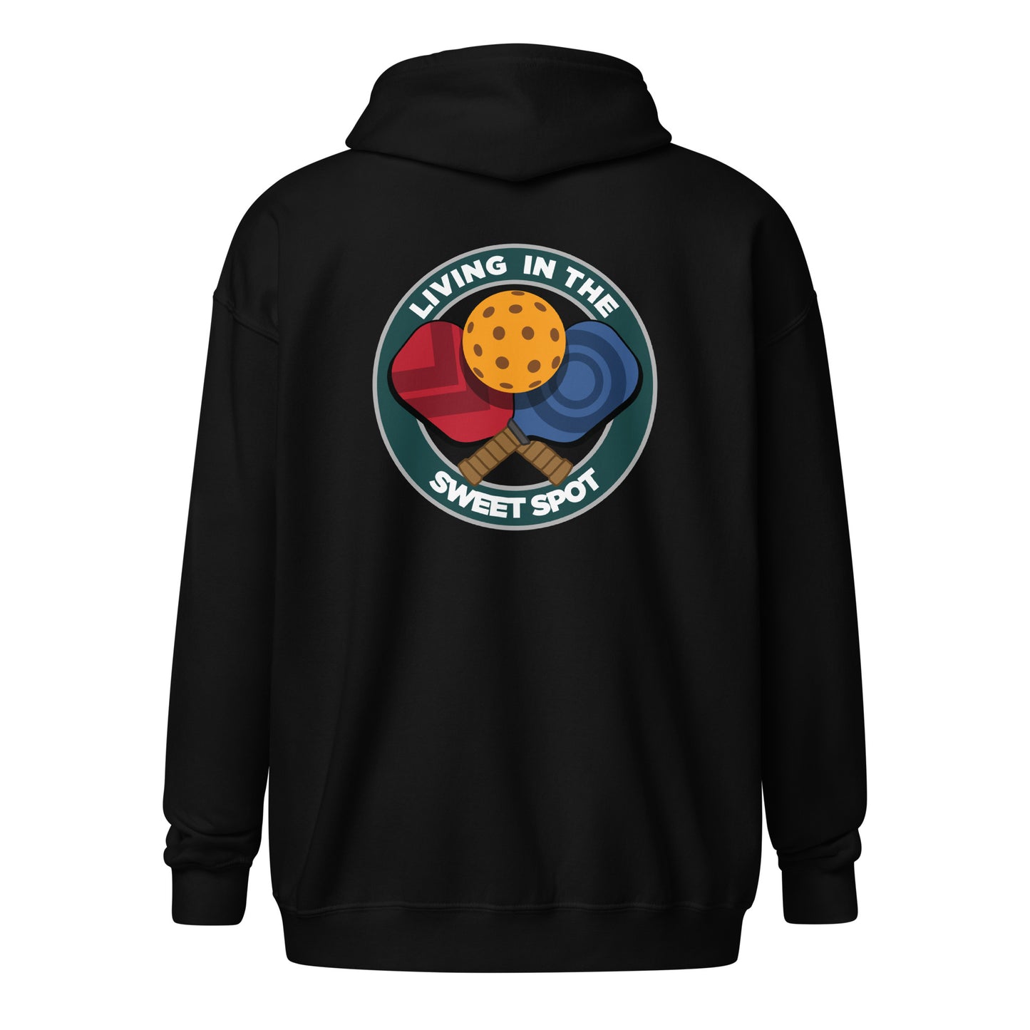 Pickleball Zip Hoodie - "Living in the Sweet Spot" - Crossed Paddles (pocket + back) - DocDink.com