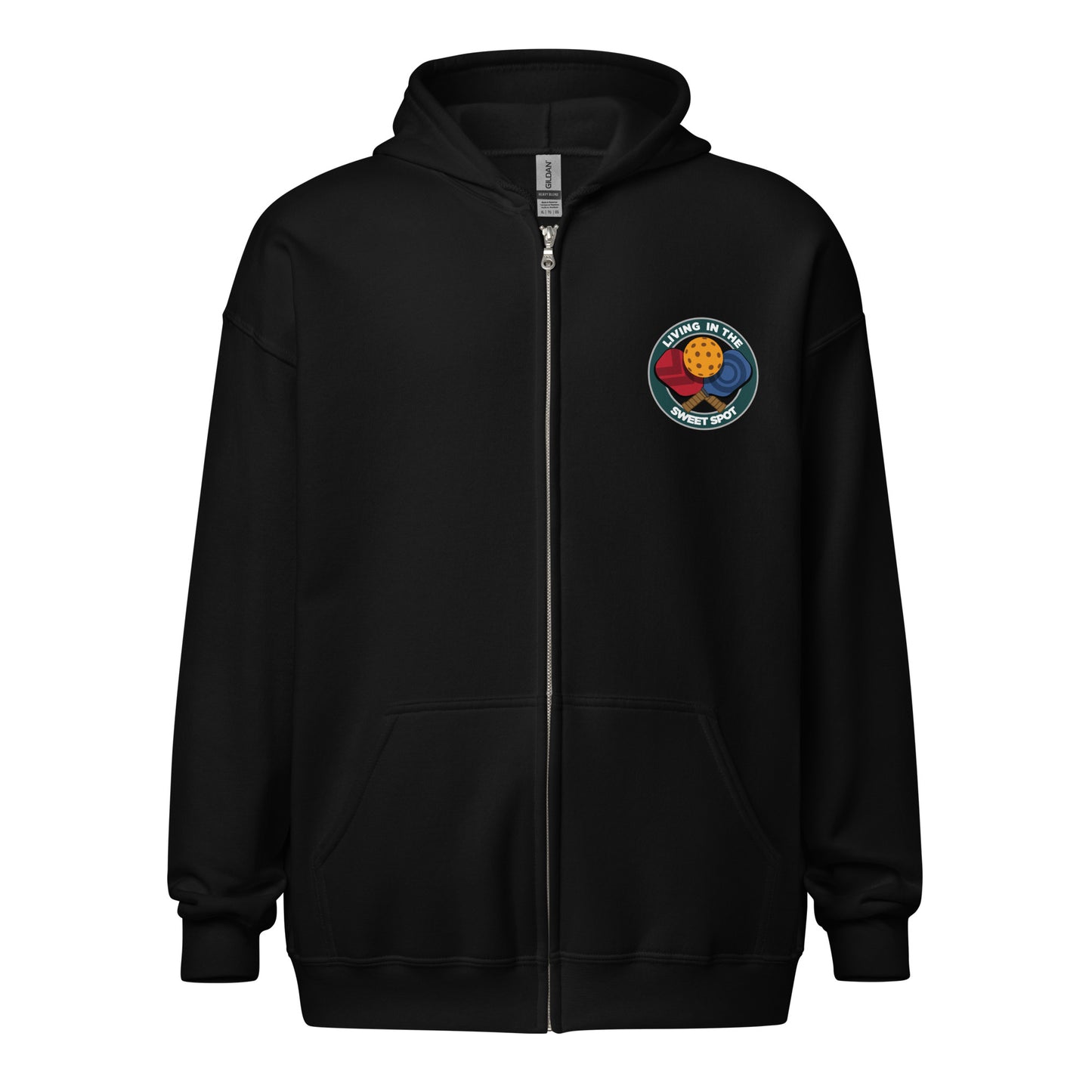 Pickleball Zip Hoodie - "Living in the Sweet Spot" - Crossed Paddles (pocket + back) - DocDink.com