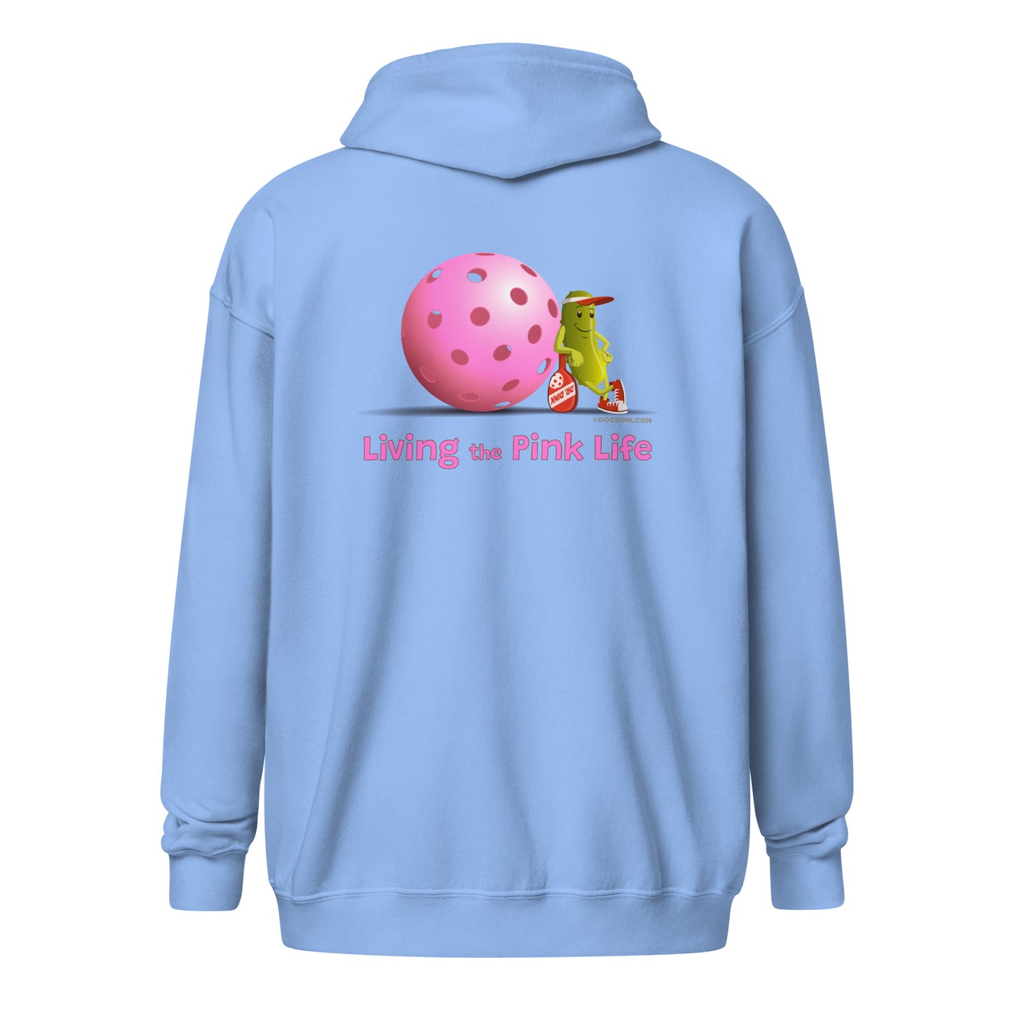 Heavy Zip Hoodie - Resting Pickleball - "Living the Pink Life" (back) + Pink Pickleball (pocket) - DocDink.com