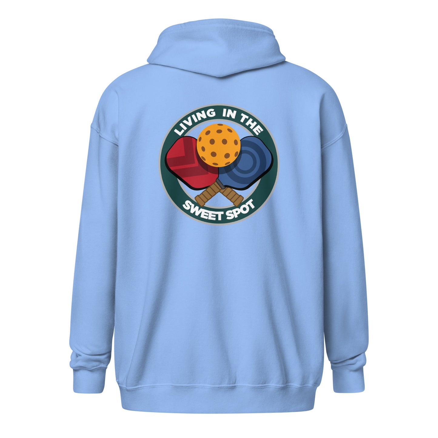 Pickleball Zip Hoodie - "Living in the Sweet Spot" - Crossed Paddles (pocket + back) - DocDink.com