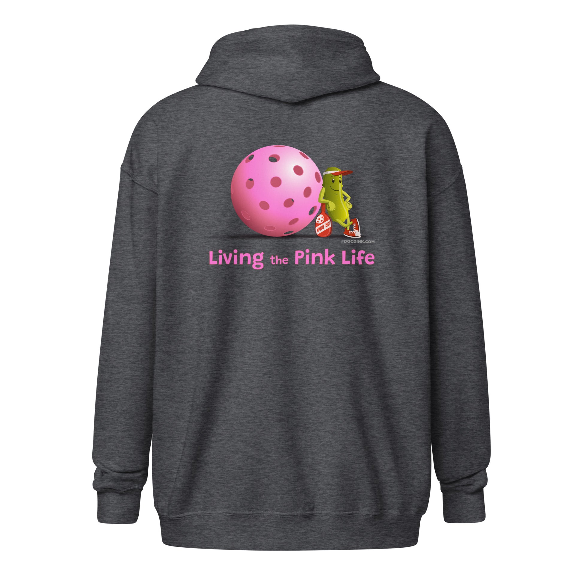 Heavy Zip Hoodie - Resting Pickleball - "Living the Pink Life" (back) + Pink Pickleball (pocket) - DocDink.com