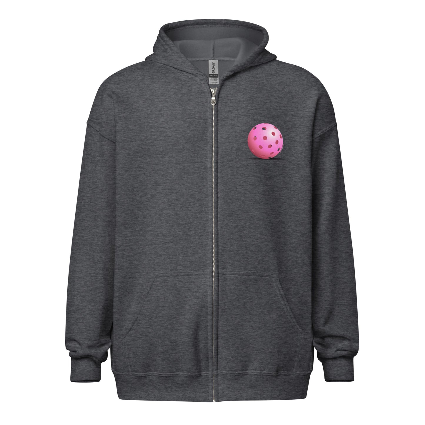 Heavy Zip Hoodie - Resting Pickleball - "Living the Pink Life" (back) + Pink Pickleball (pocket) - DocDink.com