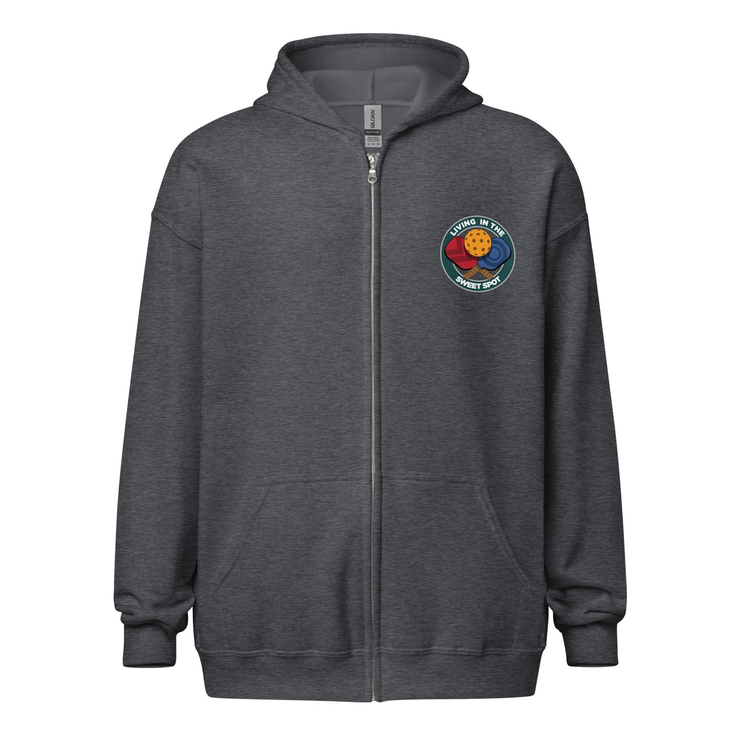 Pickleball Zip Hoodie - "Living in the Sweet Spot" - Crossed Paddles (pocket + back) - DocDink.com