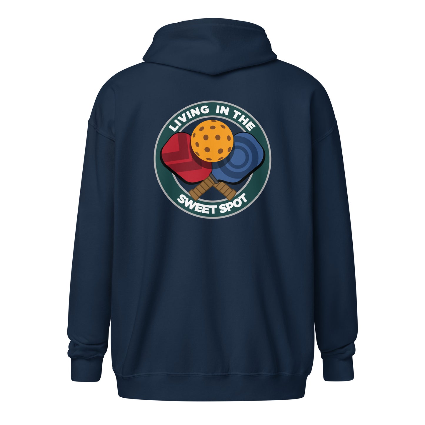 Pickleball Zip Hoodie - "Living in the Sweet Spot" - Crossed Paddles (pocket + back) - DocDink.com